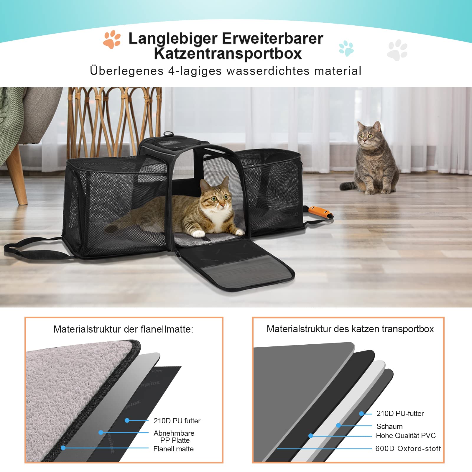 Morpilot Transportador para Gatos, Bolso expandible de 2 Lados para Gatitos y Cachorros de hasta 7 kg, Bolso Plegable de Viaje para Gatos Aprobado por la aerolínea con Almohadilla Lavable 45x36x30cm