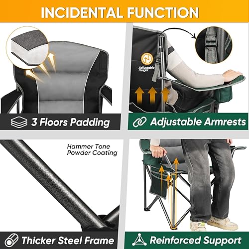 Miniatura 4 de Paquete de 2 sillas de camping plegables de gran tamaño para adultos, sillas de césped resistentes con almacenamiento para tazas y bolsa