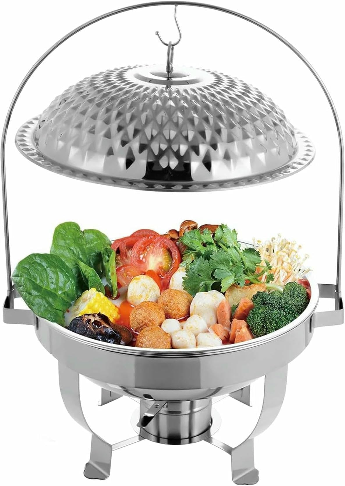 Juego de bufé con calentador de alimentos, calentadores de alimentos redondos dorados con tapa colgante dorada for estufa de comedor, acero inoxidable, calentador de alimentos redondo, acero inoxidabl