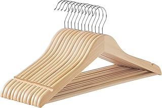 SONGMICS Wooden Hangers, Pack of 12, Coat Hangers, Non-Slip, Pants Bar, 360° Swivel Hooks, for Jackets, Shirts, Coats, Natural Wood UCRW010N12