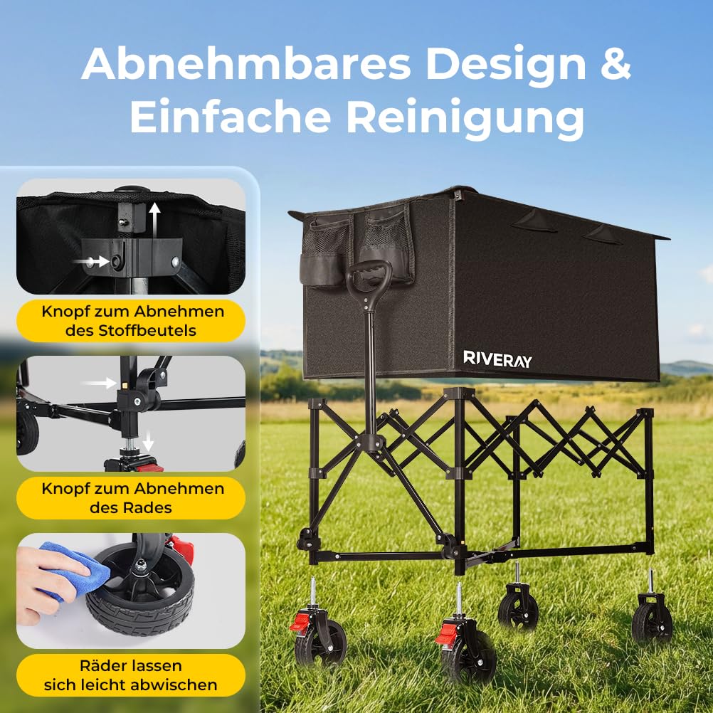 Bollerwagen Faltbar mit Bremsen, 300L 230KG Faltbarer Bollerwagen Großen All Terrain Rädern, Abnehmbare Stofftasche, Verstellbarer Griff Klappbar Handwagen für Strand Camping Garten Festival