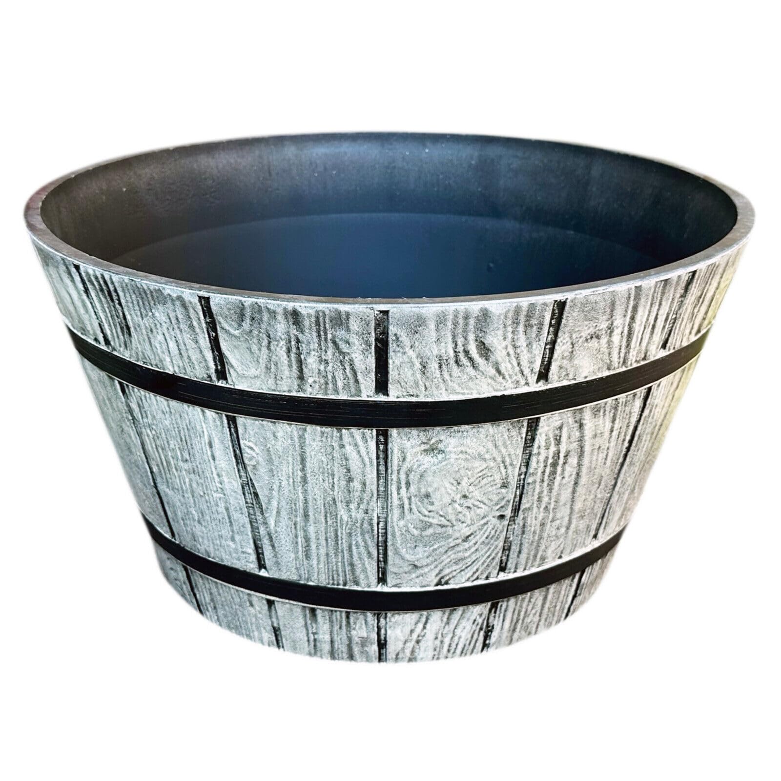 Darthome Wood Effect Barrel Planter 40cm Grey Plastic Round Large Garden Outdoor Pot Container