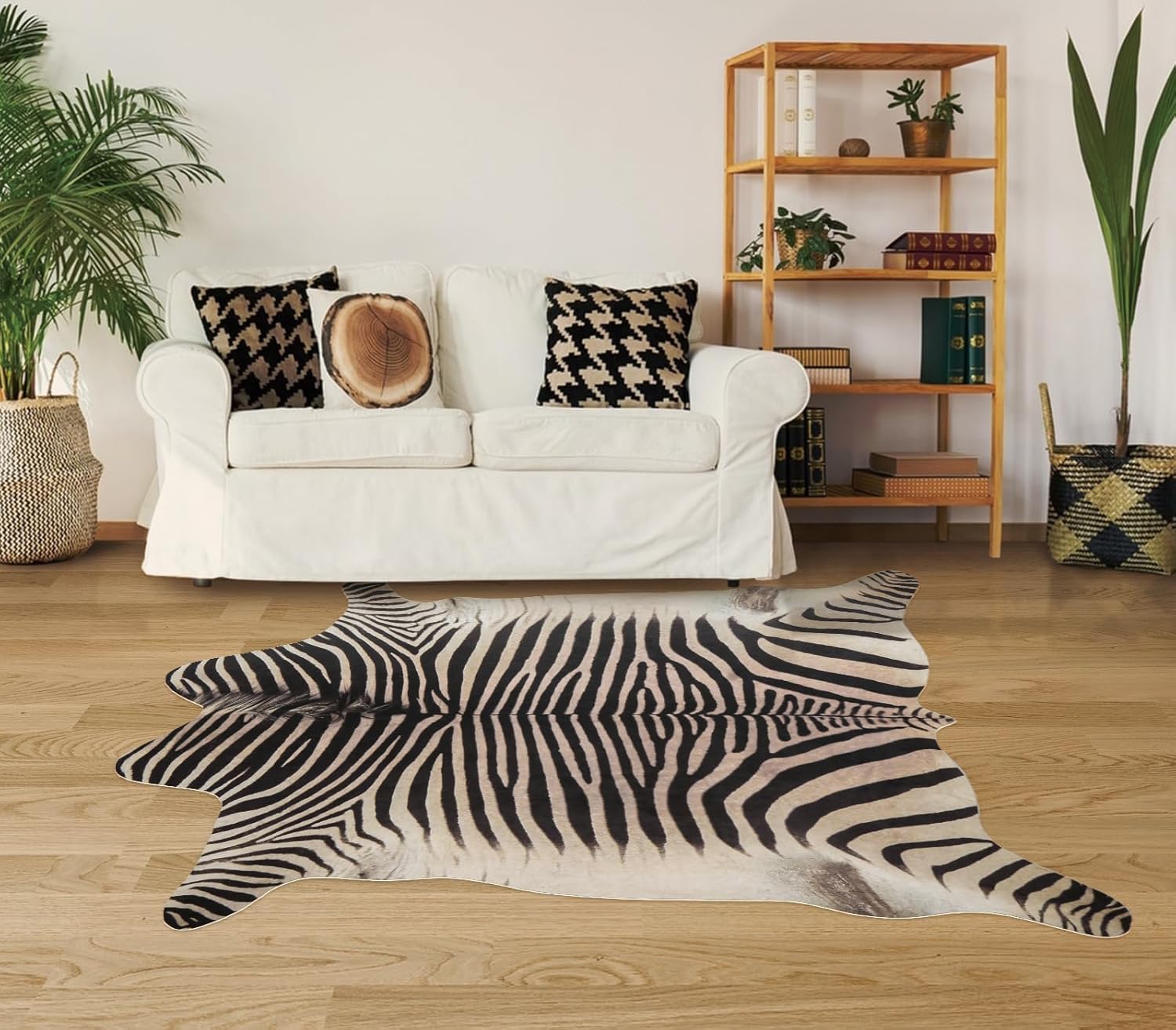 Zebra Print Rug 5.2x4.6 ft Funky Area Rug for Living Room Bedroom, Non-Slip Durable Faux Cowhide Rug No Fur