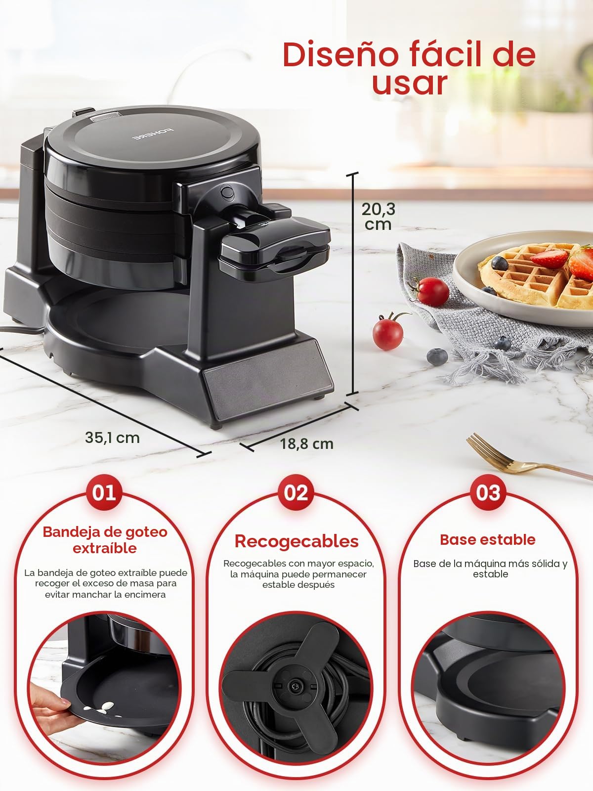 Waffle Maker, 1400 W doble gofre belga 180° Flip, 8 rebanadas en 3 minutos, placas giratorias y antiadherentes, antiarañazos, bandeja de goteo extraíble fácil de limpiar, mango de tacto fresco,