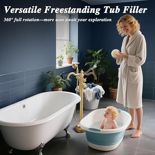 Miniatura 5 de Grifo de bañera independiente, relleno de bañera de cascada, montaje en suelo, grifos de baño de latón con ducha de mano