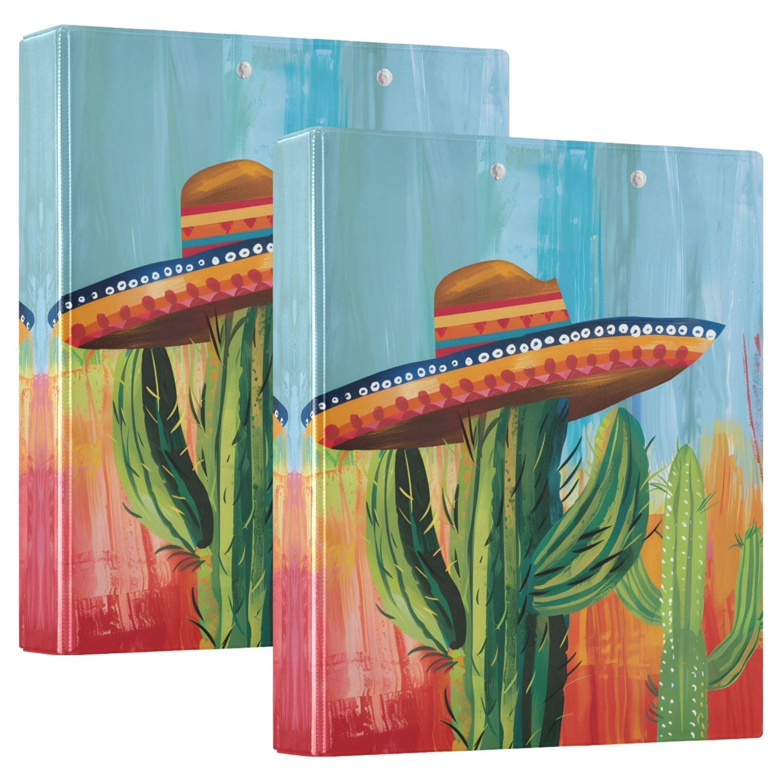 Raccoglitore a 3 anelli con disegno di cactus e cappelli, 3,8 cm, può contenere 200 fogli con 3 tasche interne in PVC trasparente, per scuola e ufficio