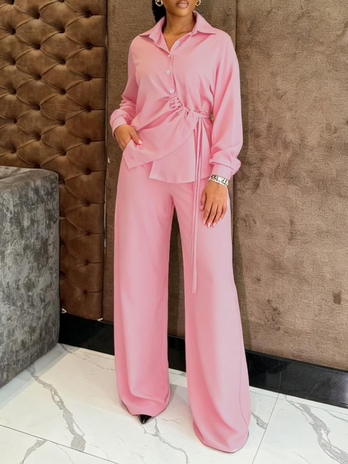 Elainone Pants Sets Women 2 Piece Outfits Long Sleeve Button Down Drawstring Shirt and Wide Leg Pants Matching Set - Image 3