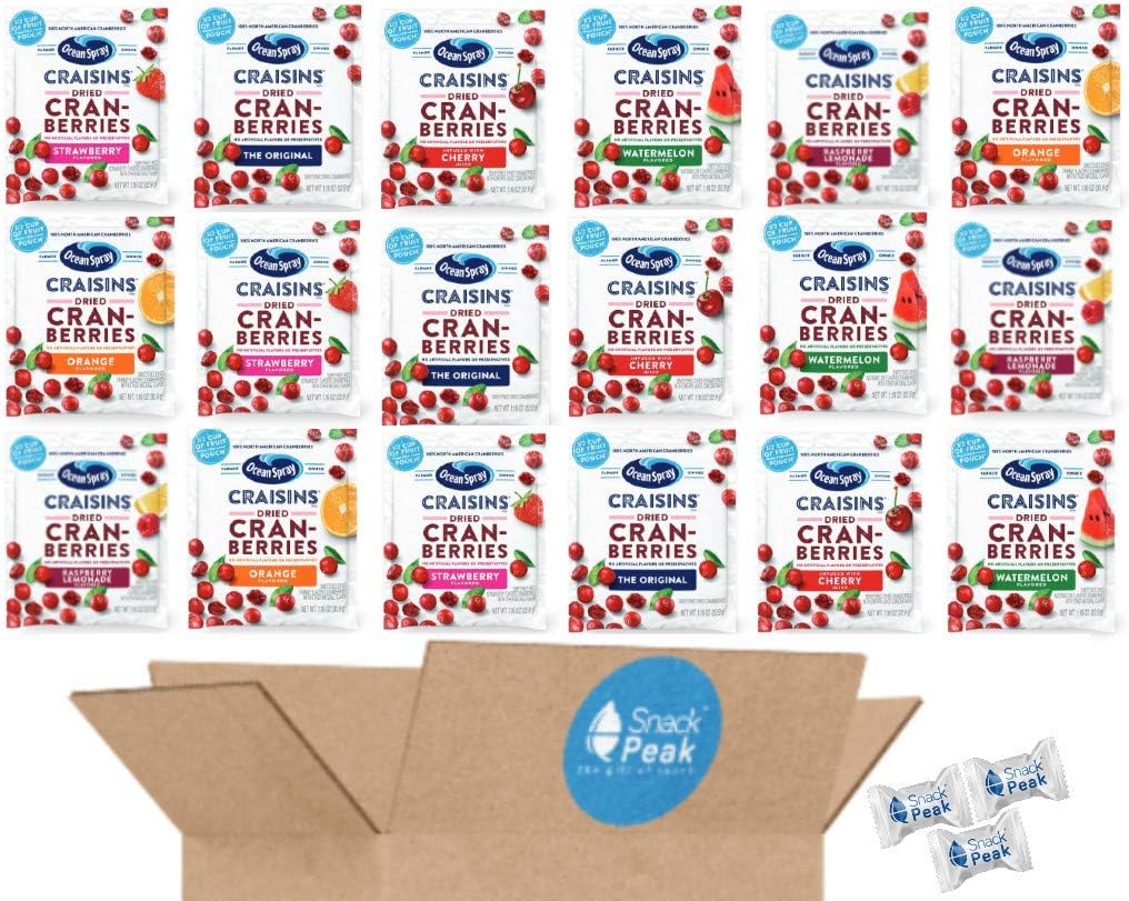 Ocean Spray Craisins Individual Packs – Snack Peak Variety Gift Box (18 packages) – Original, Cherry, Orange, Strawberry, Raspberry Lemonade, Watermelon