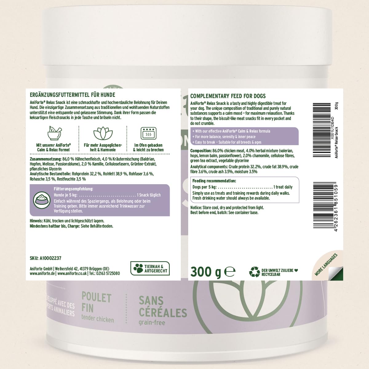 AniForte Snack Relax, Friandise Premium pour Chiens 300 g - Détente et apaisement Naturel, Snack Anti-Stress, à la valériane, à la mélisse et au romarin, Aide en Cas d'anxiété et de nervosité