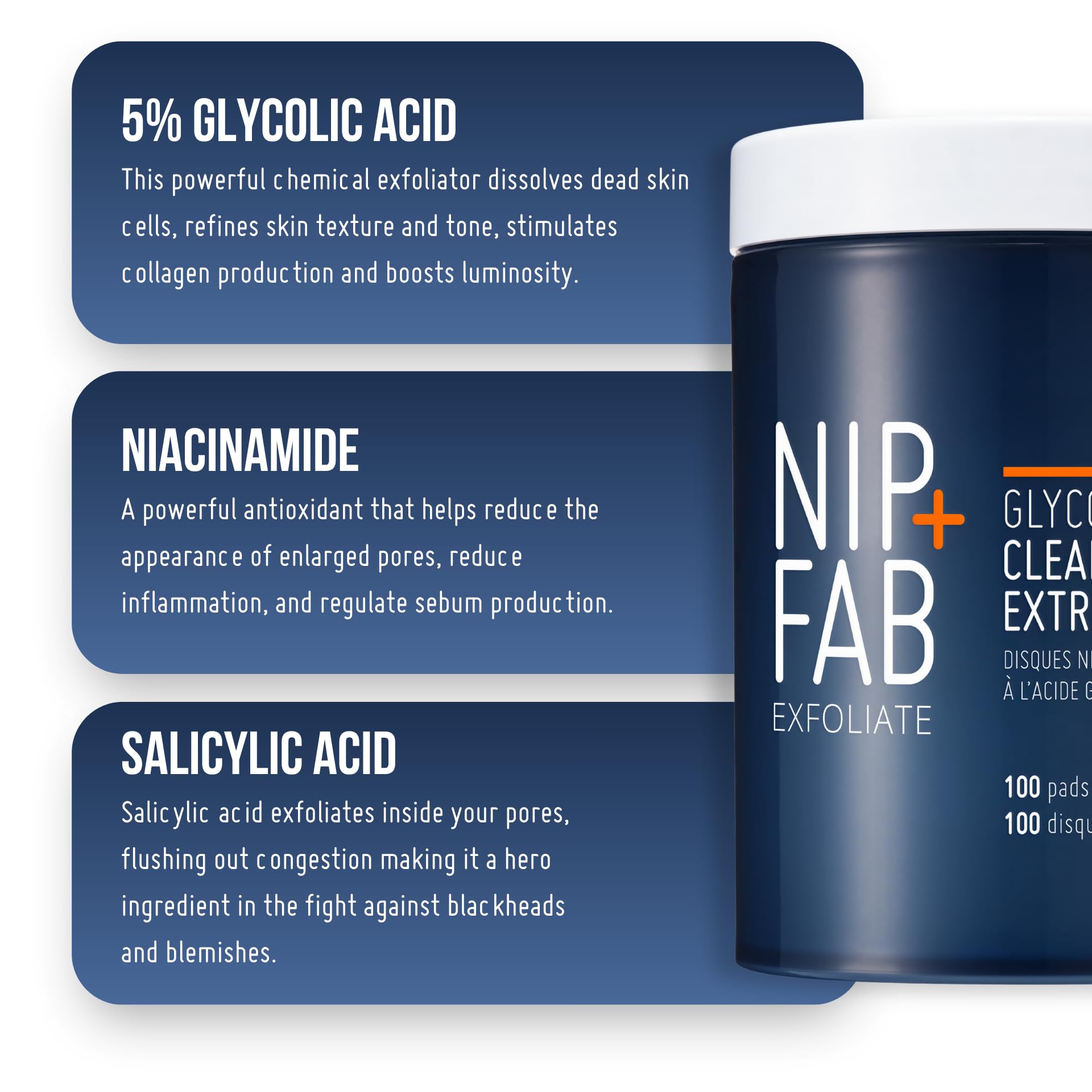 Nip + Fab Glycolic Fix Night Pads Extreme | Złuszczające Płatki do Twarzy | Kwas Glikolowy | Peeling do Twarzy | Kwas AHA | 100 Sztuk