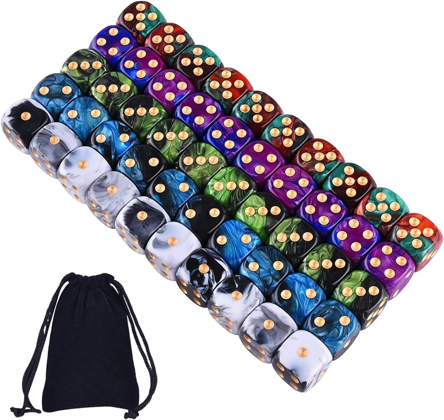 THE WHITE SHOP50 Pieces 6 Sided Game Dice Set 5 Two Tone Colors Dice with Gold Pips Round Corner Dice for Playing Games Like Tenzi Teaching Math (Mix Color)