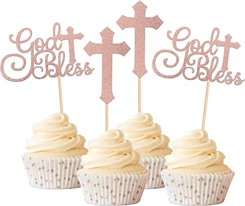 Rsstarxi Paquete de 24 adornos para magdalenas con purpurina y cruz para primera comunión, bautismo cristiano, suministros de decoración de tartas,