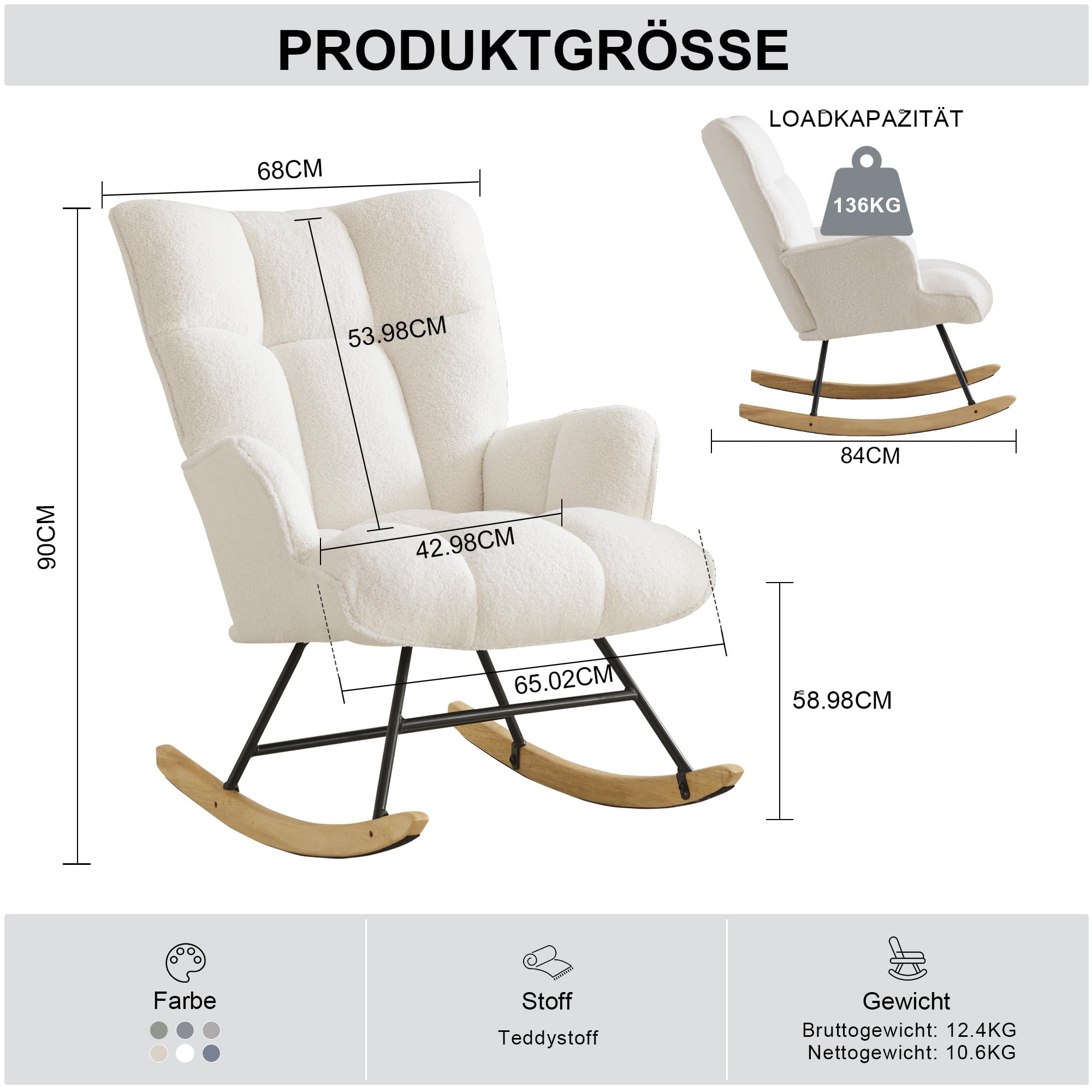 Schaukelstuhl Stillsessel Schaukelsessel mit Armlehnen Gepolsterter Stillstuhl Relaxsessel für Wohnzimmer Babyzimmer Bis 136 kg Belastbar Rocking Chair Nursery Elfenbeinfarben