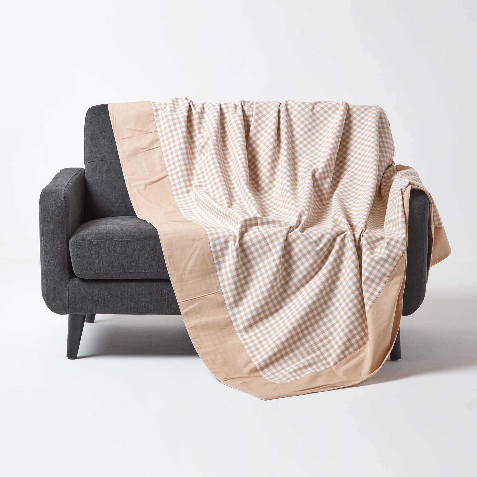 HOMESCAPES Gingham Check Throw Blanket, 100% Cotton Checkered Beige & White, Warm & Cosy