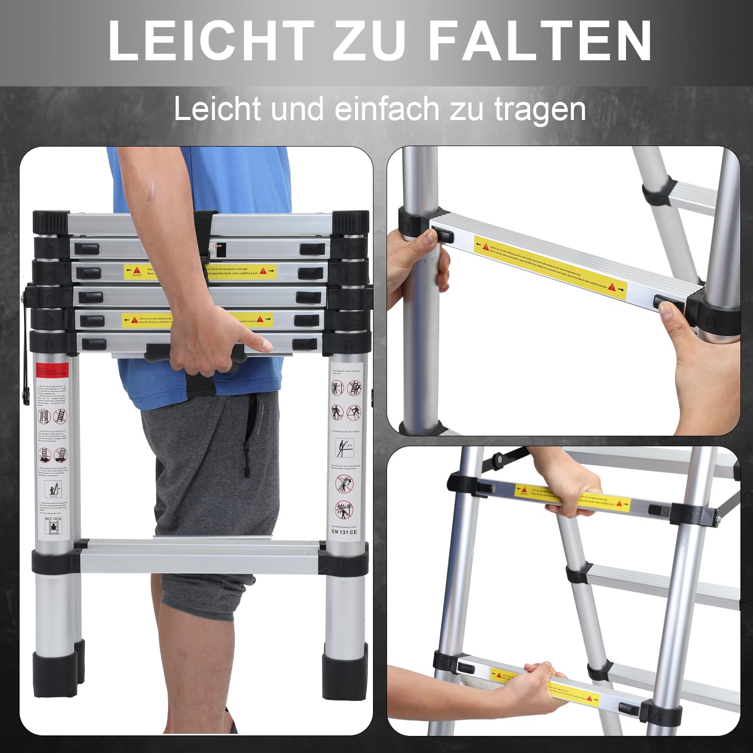 Eulenke Teleskopleiter 1.4m+1.7m Aluminium Trittleiter 4+5 Stufen Tragbare rutschfeste Klappleiter, 150 kg Belastbarkeit Stehleiter, Aluleiter für Drinnen, Draußen, Mehrzweckleiter, Haushaltsleiter