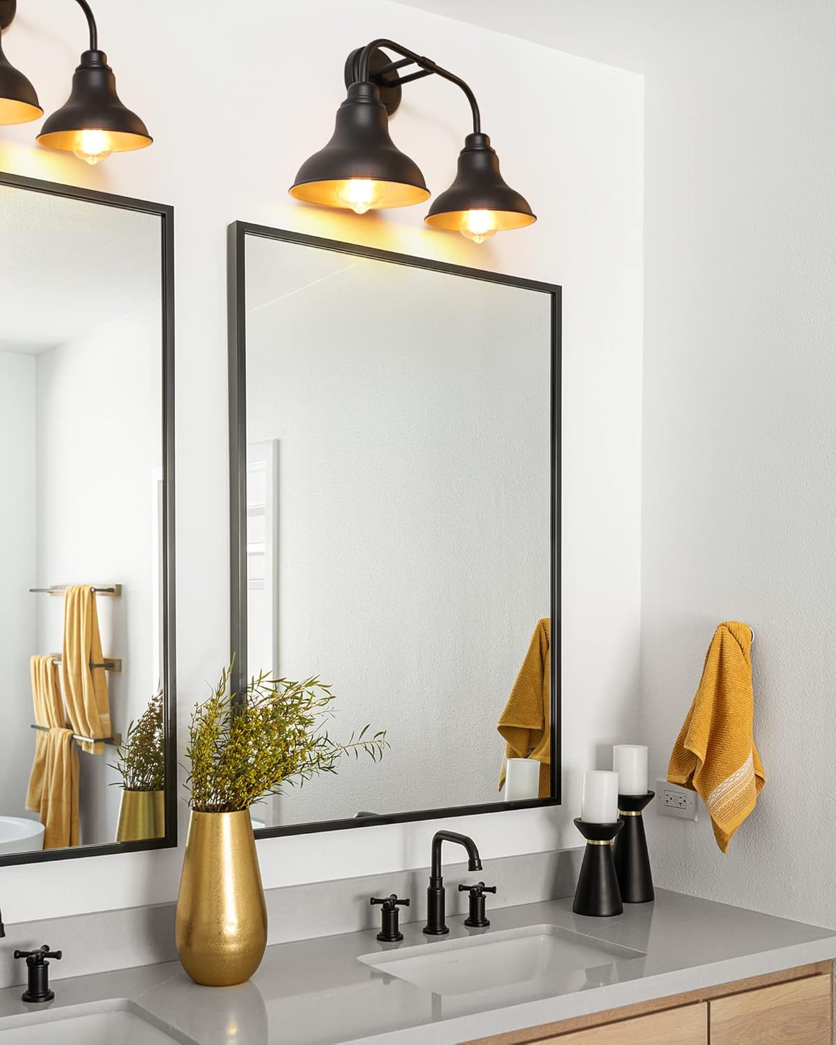 18" Black Bathroom Light Fixtures, 2 Light Farmhouse Vanity Light Over Mirror, Indoor Industry Wall Sconce Lighting, Rustic Bathroom Lighting with Metal Shades, BD017-2-BK