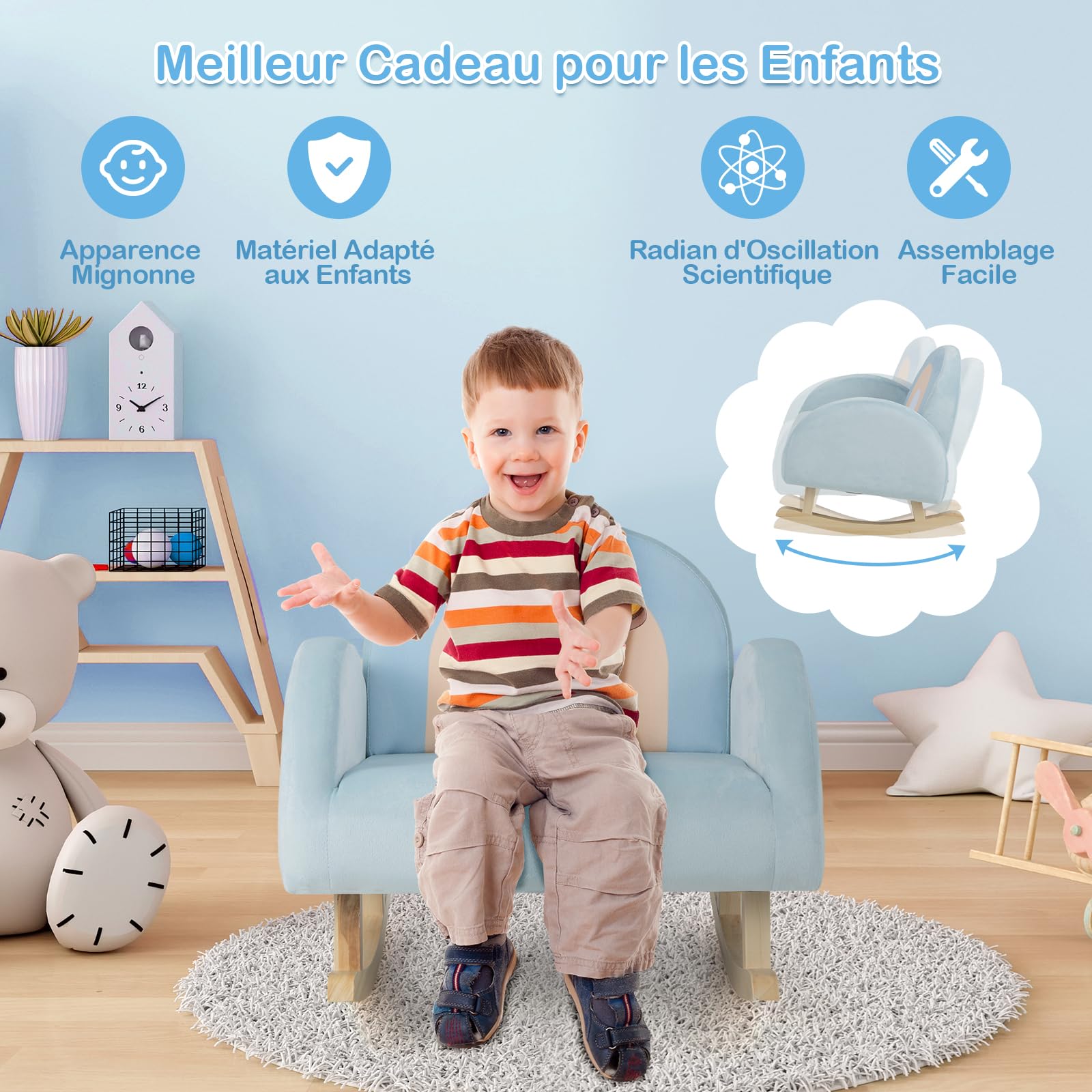 GOPLUS Fauteuil à Bascule Enfant 3-5 Ans, Canapé Enfant avec Cadre en Bois Massif et Revêtement en Velours, Design Anti-Basculement, Chaise à Bascule pour Chambre d'enfant, Salle de Jeux, Bleu
