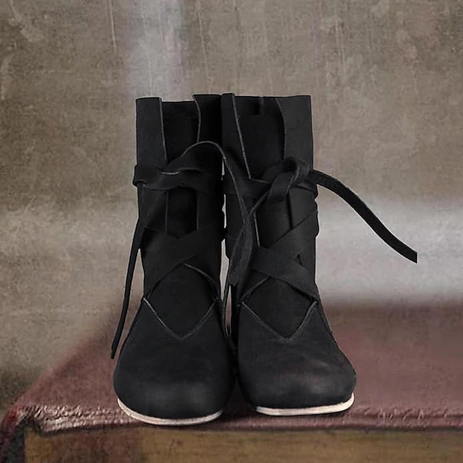 Mittelalter Schuhe Herren Damen,PU-Leder Retro Cowboystiefel für Cosplay Stiefel Weich Bequem Leder Freizeit Schuhe Flache Halbhohe Sommerstiefel Weich Bequem Schnürschuhe Leder Freizeitschuhe