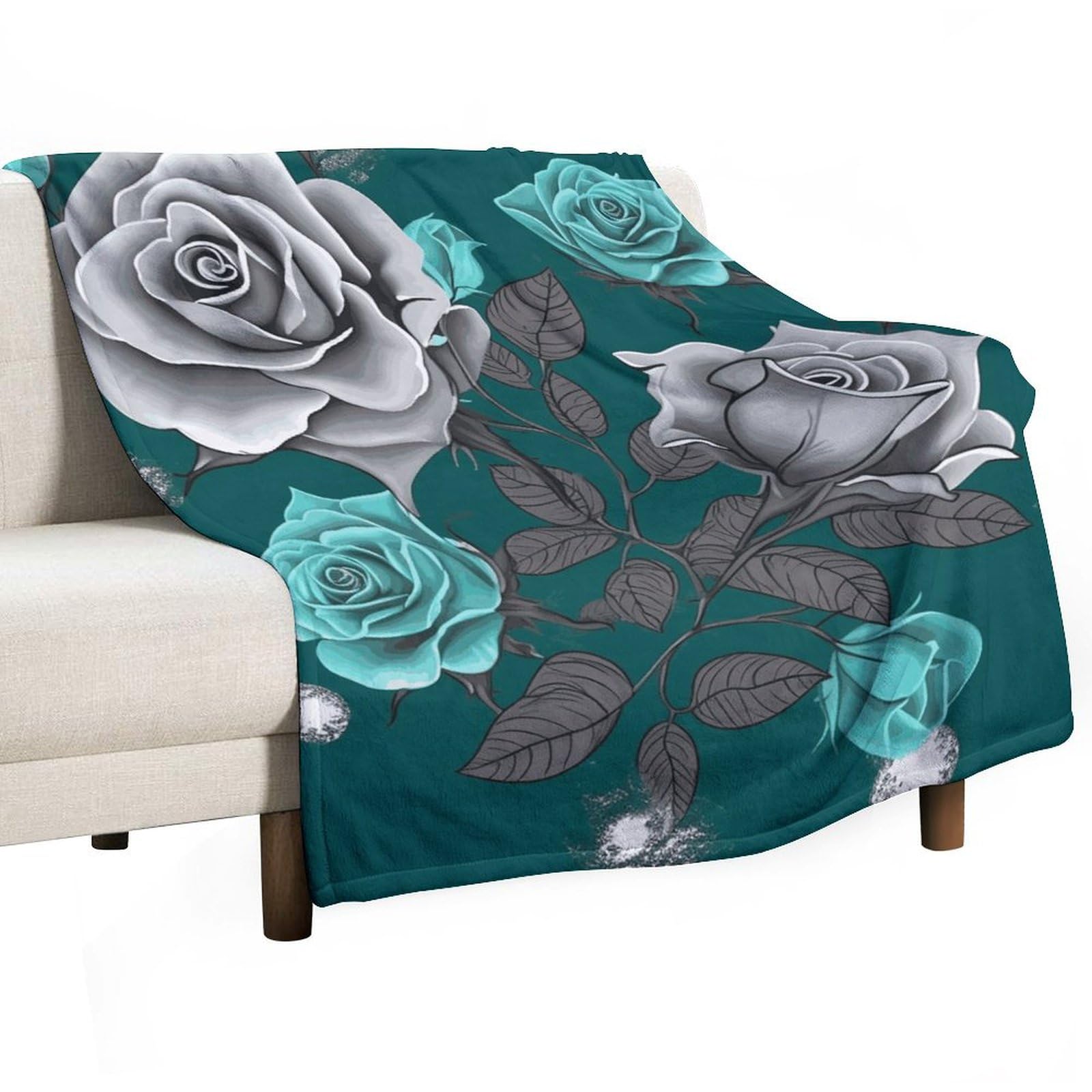 Couverture douce en flanelle haut de gamme au motif artistique rose bleu sarcelle