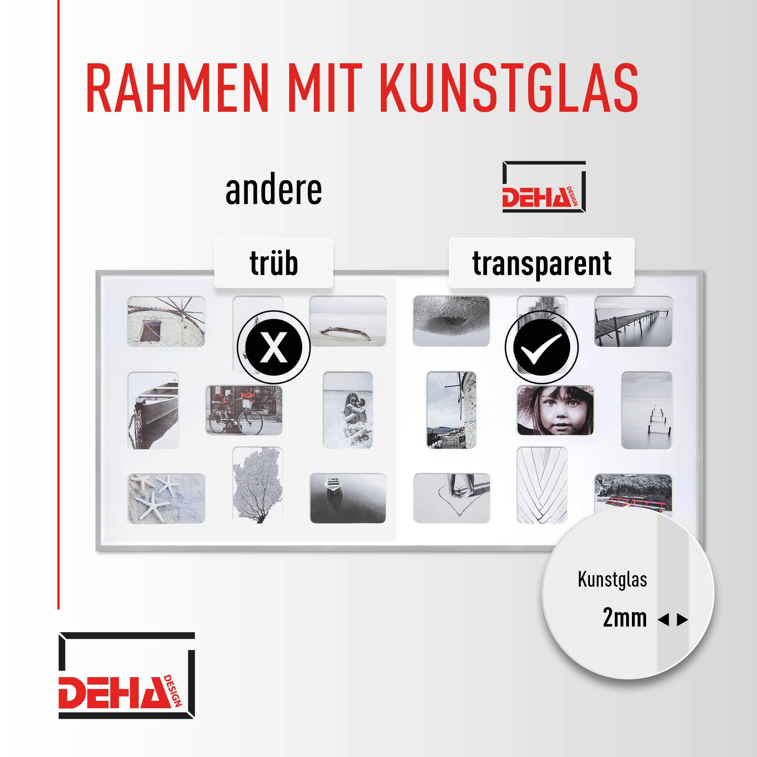 DEHA Design Collagerahmen mit Passepartout, 109,2 x 49,5 cm, Aluminium, Schwarz matt, Collage mit 18 Bildern zum Aufhängen im Hoch- & Querformat, bruchsicheres Kunstglas, Tribeca