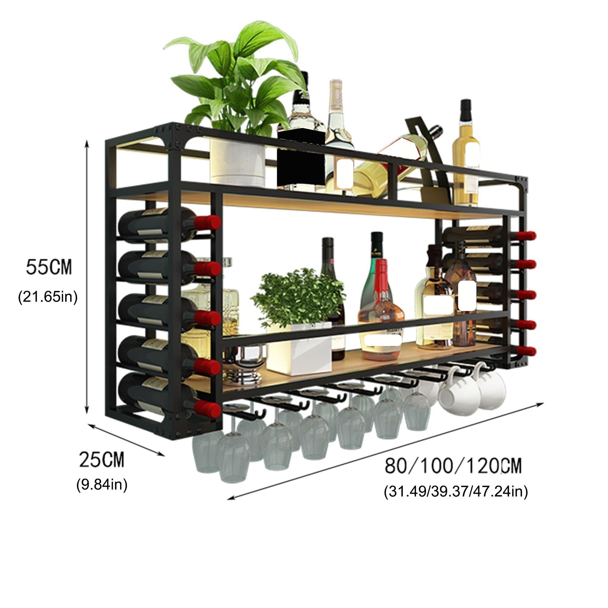 Porte Bouteille Mural avec Lumière Range Bouteille Etagere Murale Cuisine Casier à Bouteilles Rangement Bouteille Meuble Bar avec Porte Verres Suspendu pour Comptoir de Bar Salon Cuisine(Nero,80*25*55