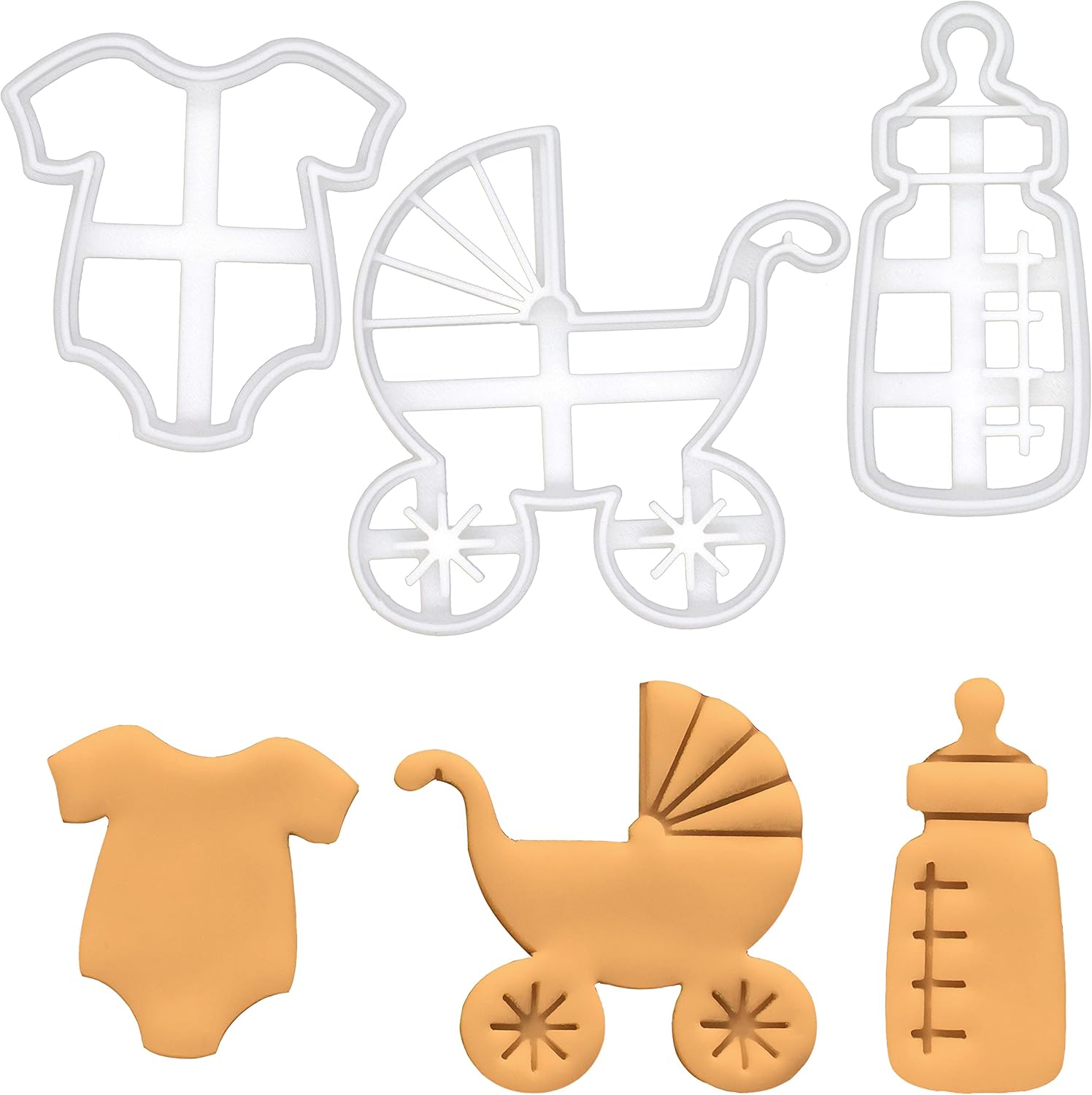 Set of 3 Baby themed cookie cutters (Designs: Baby Bottle, Clothes, and Pram), 3 pieces - Bakerlogy