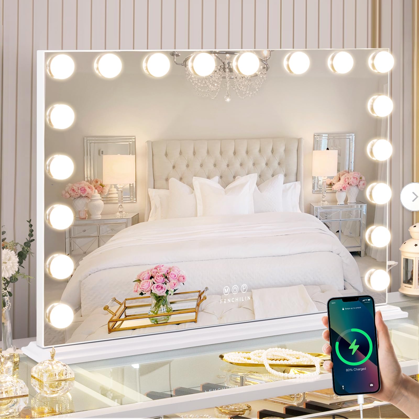 FENCHILIN Espejo Hollywood con iluminación Puerto USB 18 lámparas LED Regulables Espejo de Maquillaje con iluminación Espejo Grande con iluminación 3 Color Espejo de Maquillaje con luz Blanco