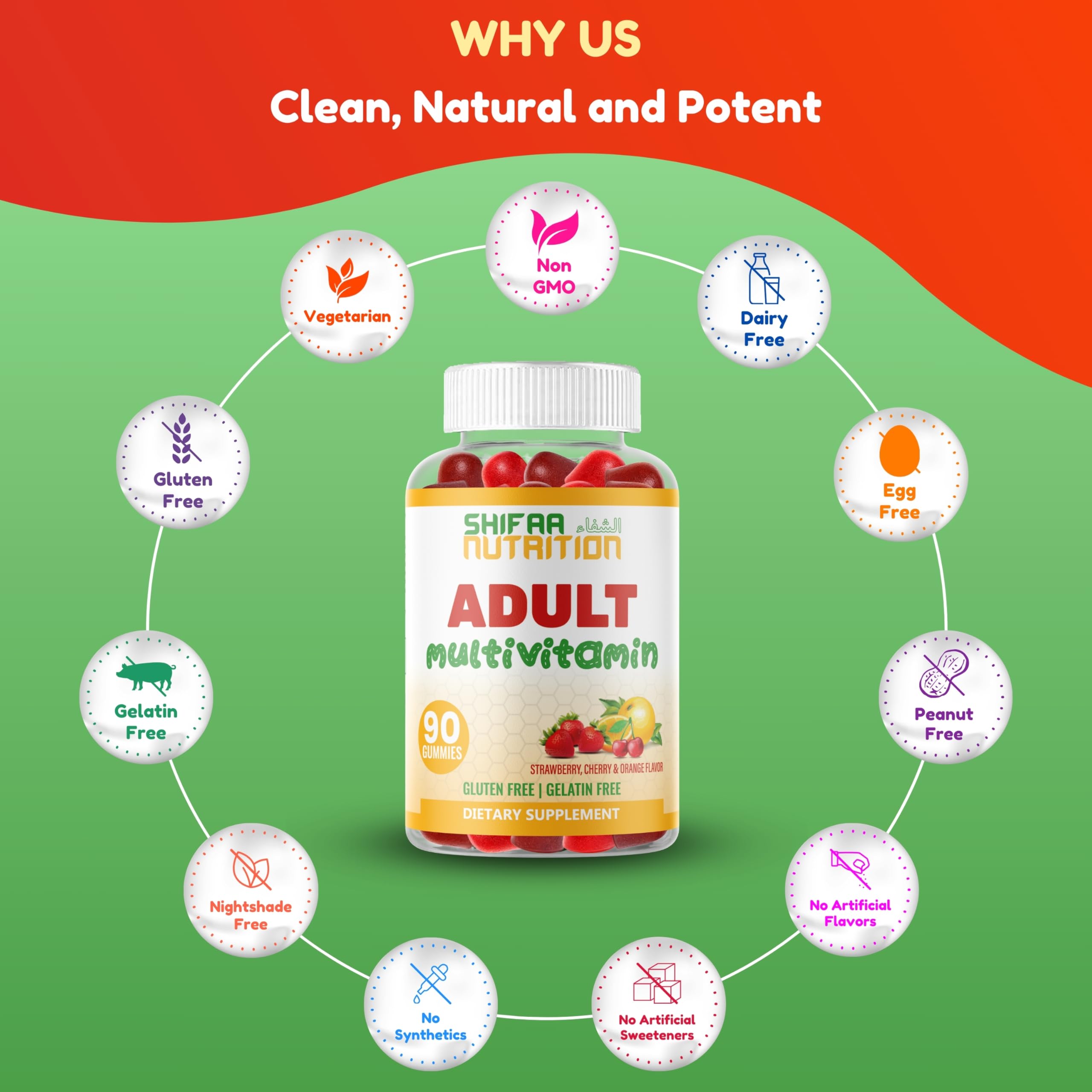 SHIFAA NUTRITION Halal Multivitamins for Adults | 90 Gummies, 45 Days Supply | Non-GMO & Vegetarian | Gluten Gelatin Peanuts Free | w/All Essential Vitamins: Folic Acid, Zinc, C A D E B6 B12 Biotin