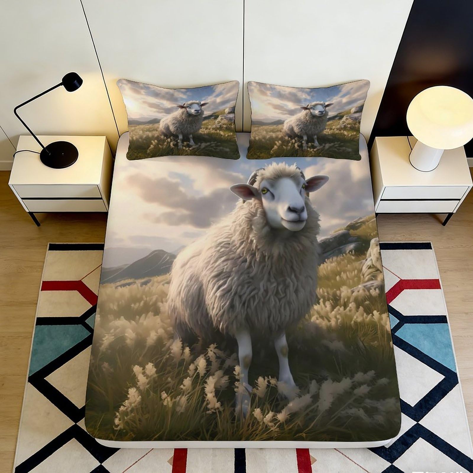 3D Printed Sheep Pattern Fitted Sheet Microfiber Soft Breathable Scenic Landscape Bed Cover for Bedroom Dormitory Guest Room Mattress Protection 160x200x25cm