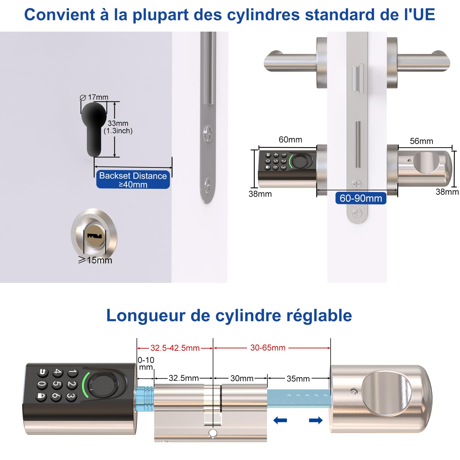 RUILON ToucA71 Serrure connectée à code 32.5x30 Cylindre empreinte digitale | Serrure biometrique avec 3 cartes RFID 2 clés, portes 60-90 mm, Facile à installer, Code temporaire, Airbnb Maison Chambre