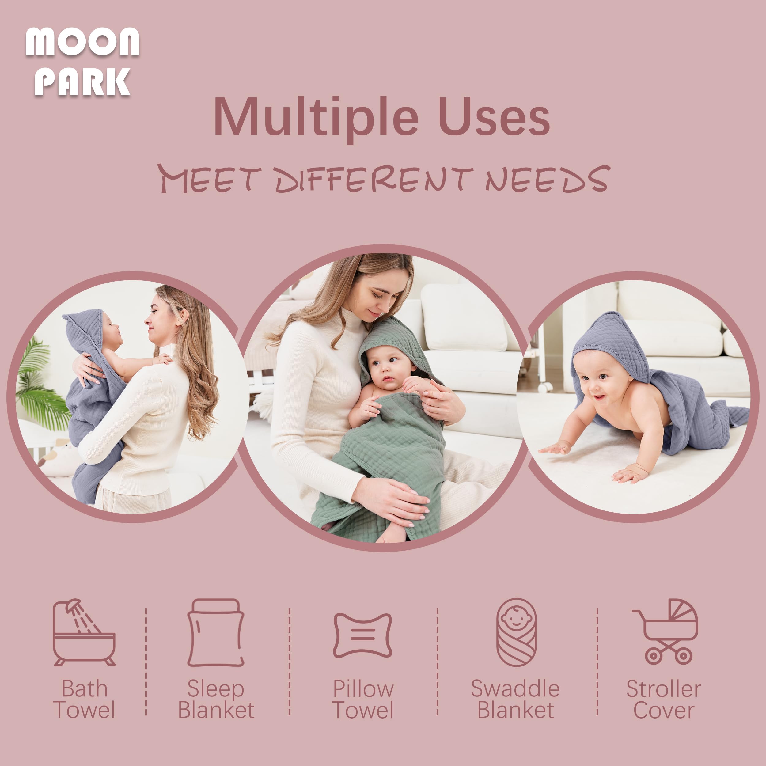 MOON PARK Paquete de 2 toallas de baño de muselina con capucha para recién nacidos, bebés y niños pequeños, 100 % algodón, tamaño grande de 32 x 32 pulgadas, altamente absorbentes y esenciales, color