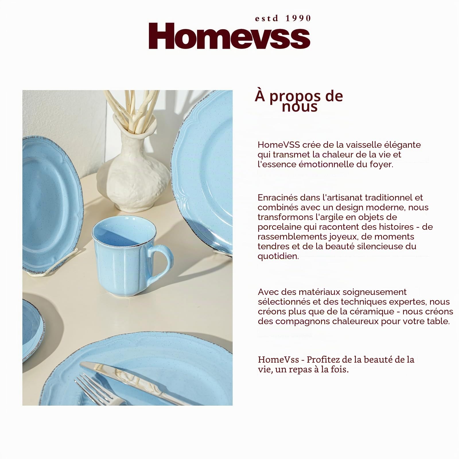 Service de table 20 pièces en grès pour 4 personnes, résistant aux rayures, motif campagne française mouchetée (Blue)