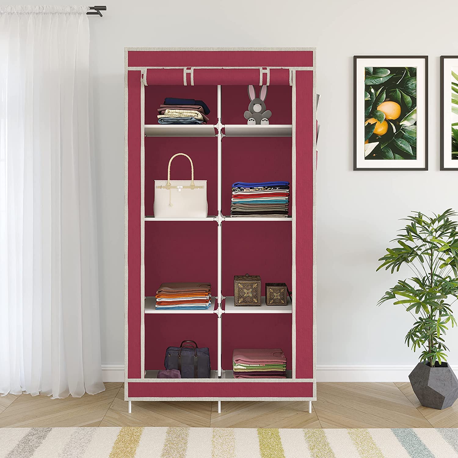 Eco Shopee SHOPPING SIMPLIFIEDEco Shopee 4+2 Layer Collapsible Wardrobe for Clothes with Side Pocket 7800-2 (84CM x 42.5CM x 166CM) (84CM x 42.5CM x 166CM, Maroon)