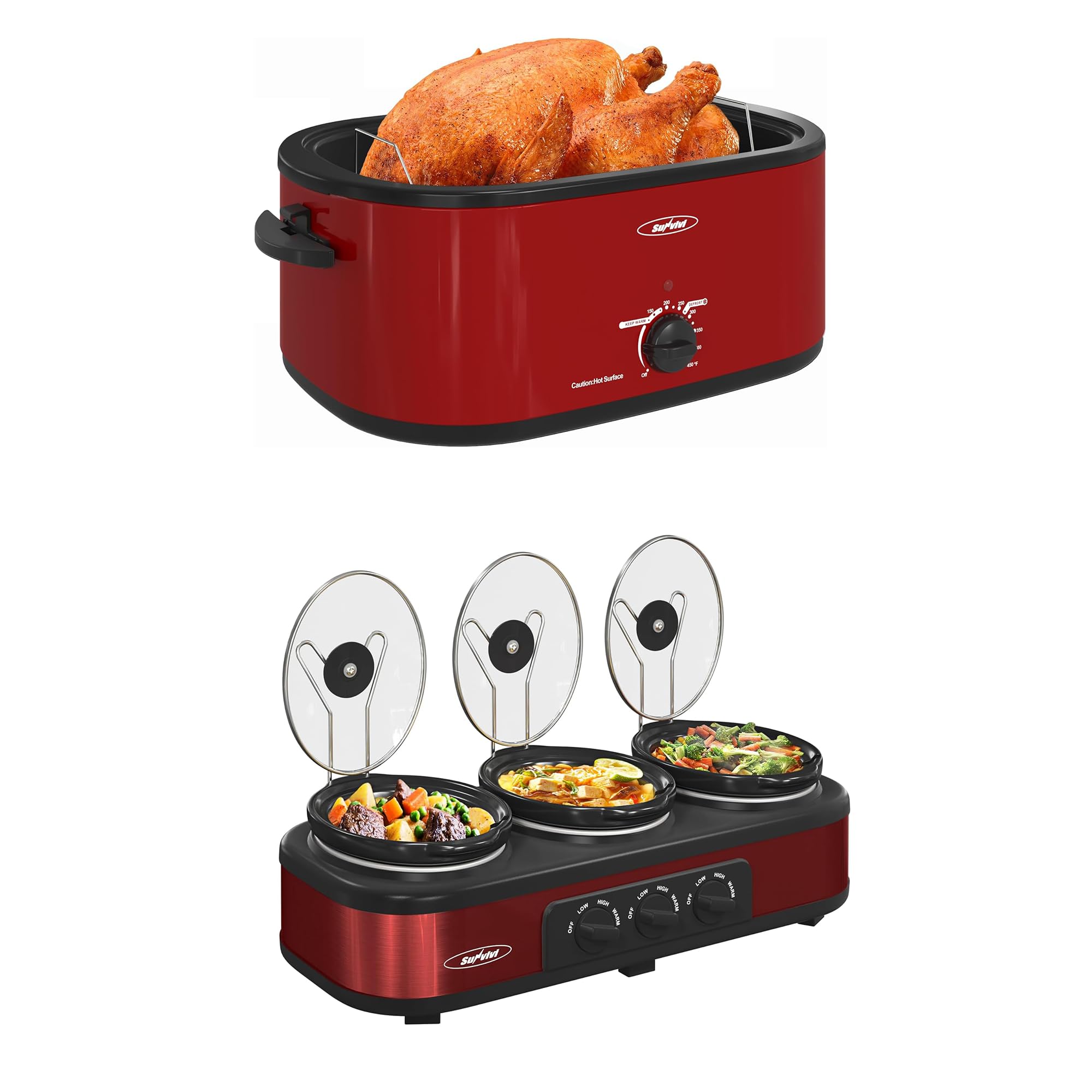 Sunvivi Roaster Oven and Triple Slow Cooker Buffet Servers 24QT Turkey Roaster with Unique Defrost Warm Function Red