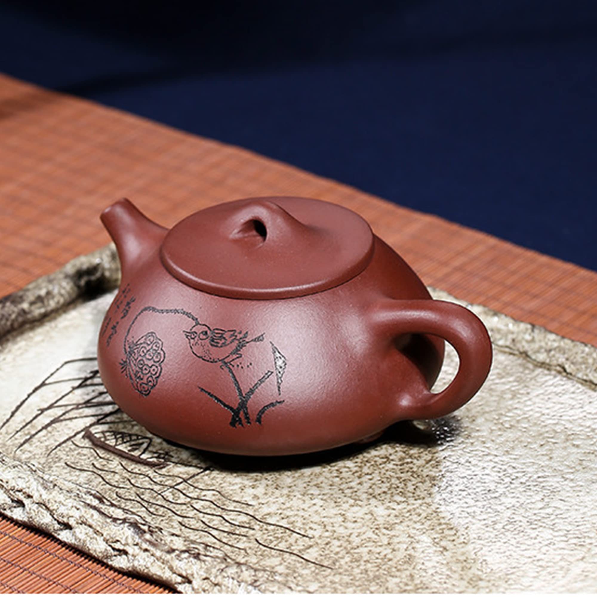 fanquare 280ml Tetera China Hecha a Mano Yixing Zisha，Juego de Té de Arcilla Morada Yixing Zisha con Hojas de Loto y Pájaros Patrón de Flores