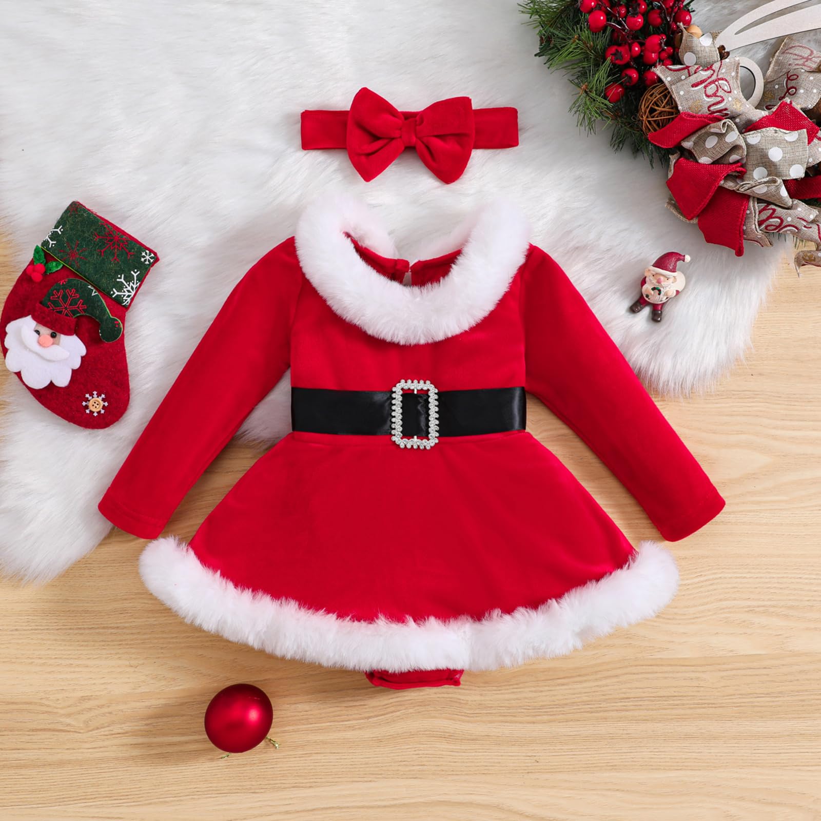 Shejingb Baby Girl Christmas Outfit Newborn Santa Claus Romper Dress Xmas Fleece Princess Dresses with Headband Outfits (Santa Dress Red, 3-6 Months)