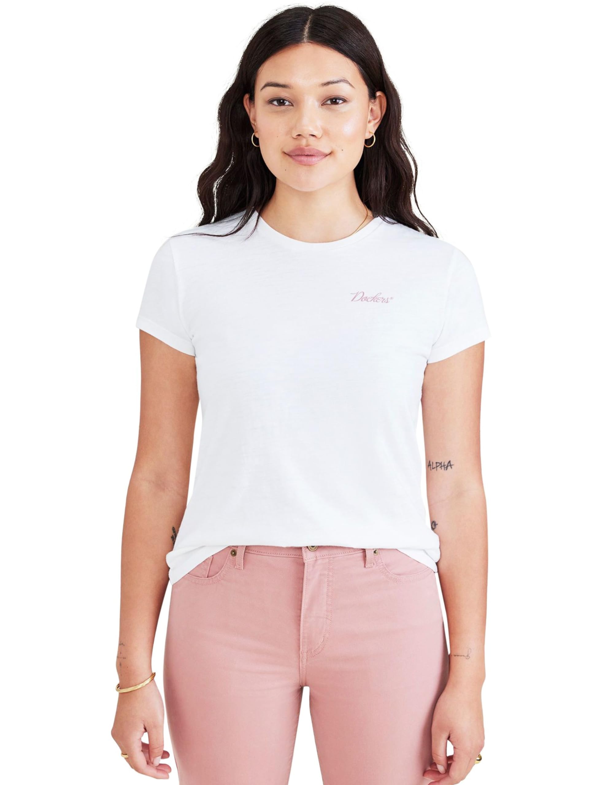 Dockers Women's Graphic TEE Tops, DOCKERS Script Graphic tee Lucent White (Old Rose) Graphic, S