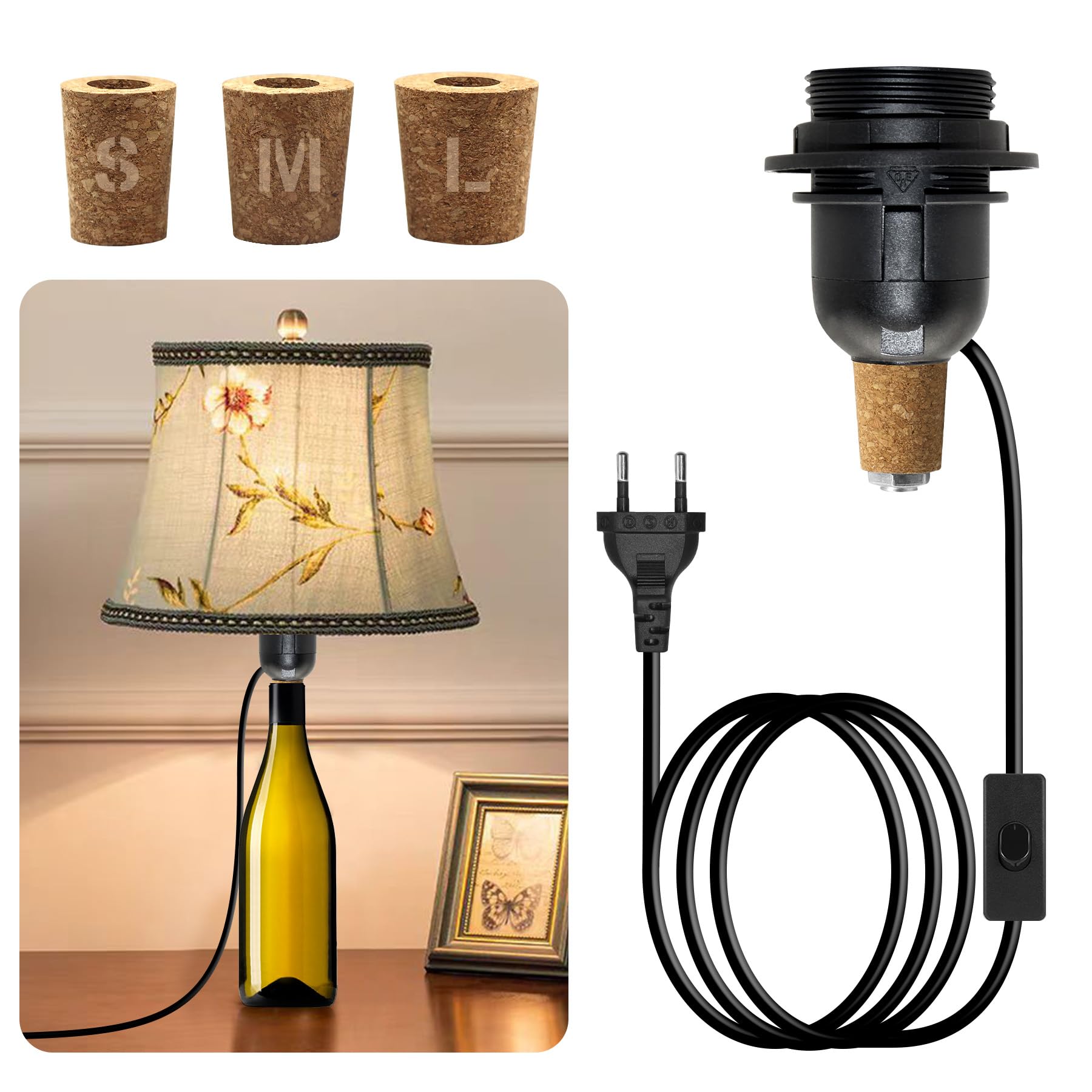 E27 Lampenfassung für Flaschen, Fassung mit 240CM Kabel und Schalter, Schwarze Flaschenadapter Lampe mit 3 Kork, DIY Flaschenlampe Aufsatz für Tischlampe, Flaschenlicht für Vielfältig Flaschen