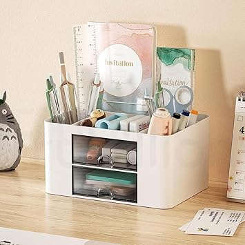 TRUBILLION DeskCube Aesthetic Multilayer Desk and Makeup Brush Organizer - Multipurpose plastic organizer with 5 Compartments & 2 transparent drawers for Brushes,Pens,Stationery,No Installation Needed - image, photos
