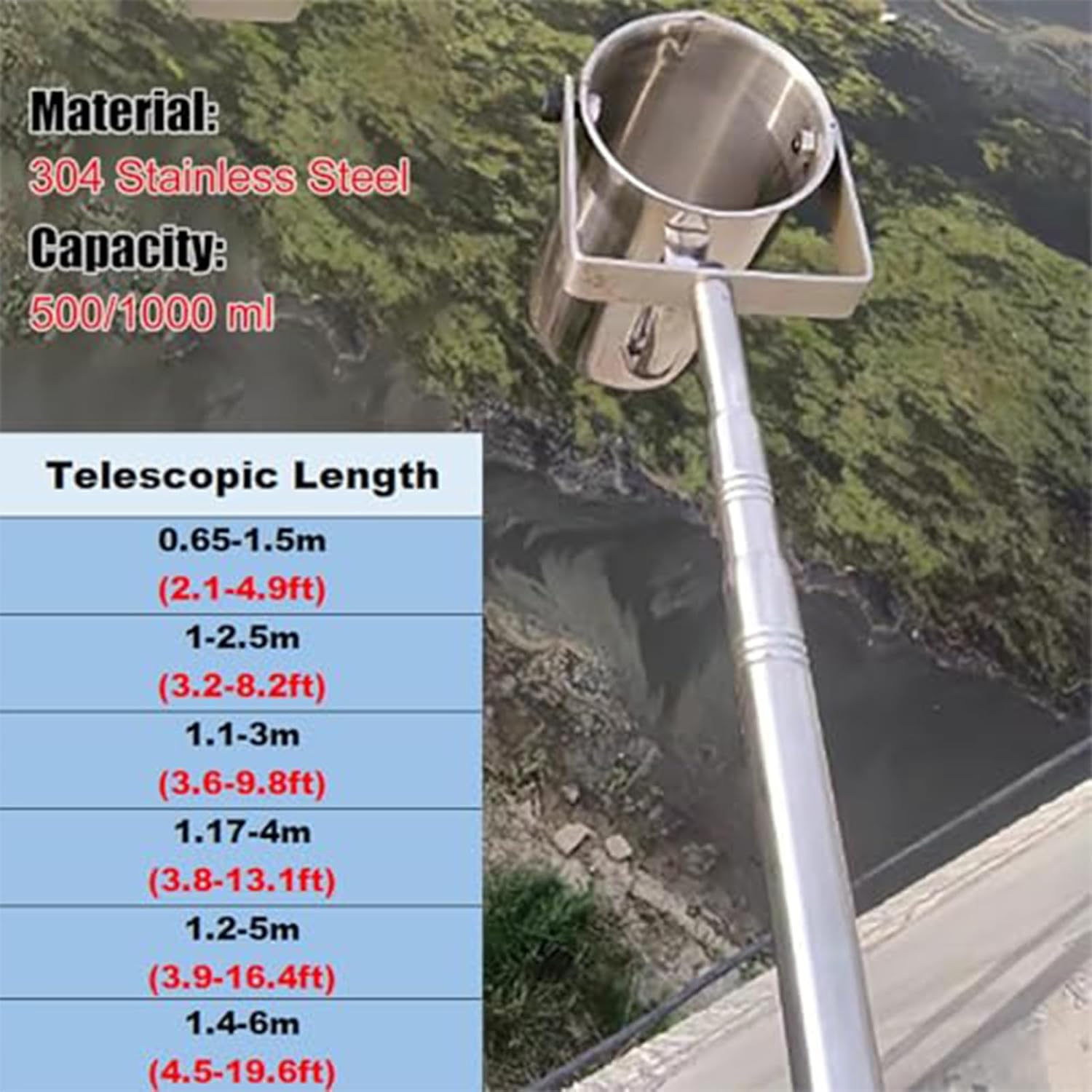500/1000ml Metal Telescopic Water Sampler Kit with Adjustable Pole & Cup for River Lake Pool Sampling - Measuring Scale Vertical Containers for Water Testing,1000ml,0.65~1.5m/2.1~4.9ft