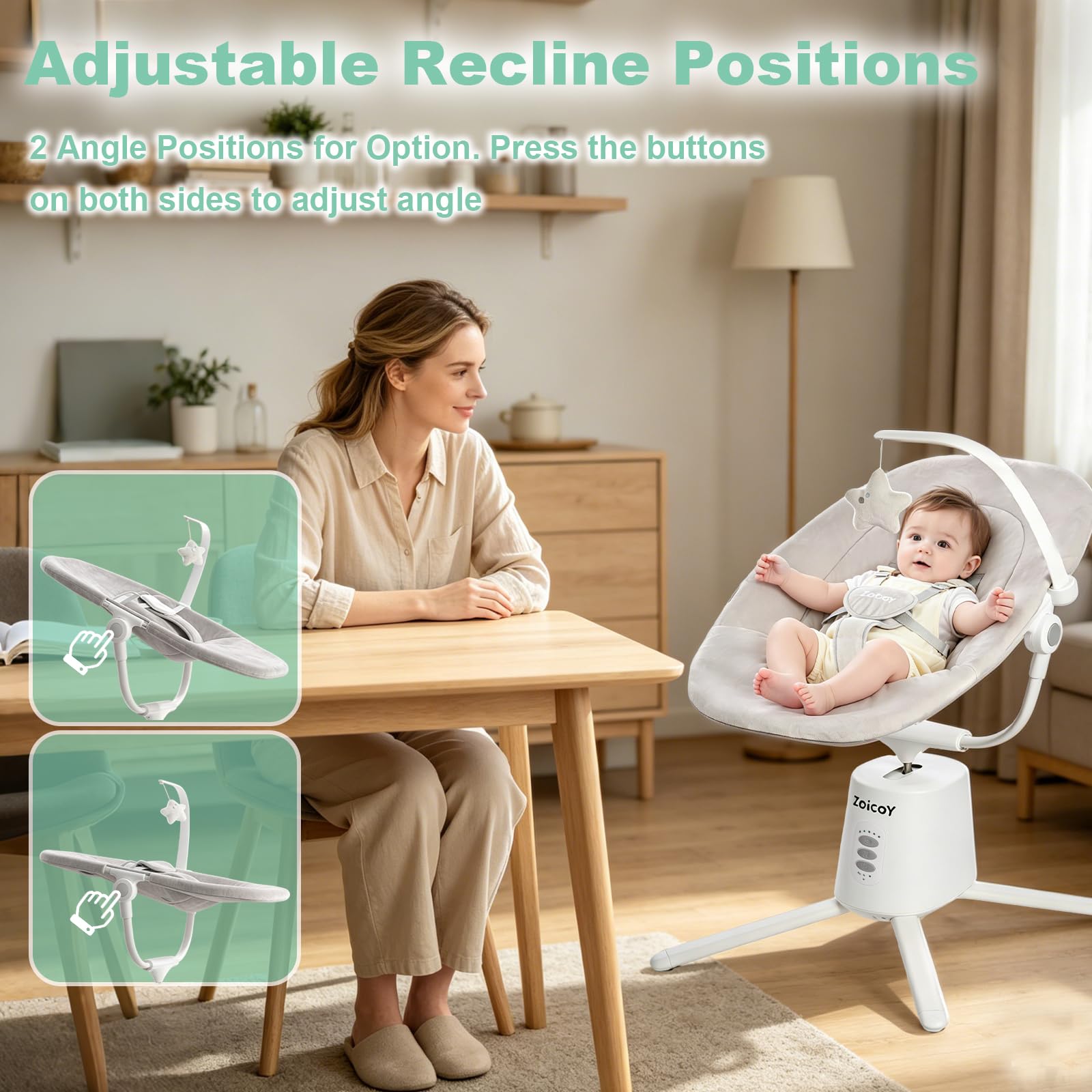 Sdraiette e dondolini Zoicay sdraietta neonati elettrica 3 modalità con Regolazione del sedile e bluetooth telecomando integrata timer e musica per 0-9 mesi bambino uso interno ed esterno (Bianco)