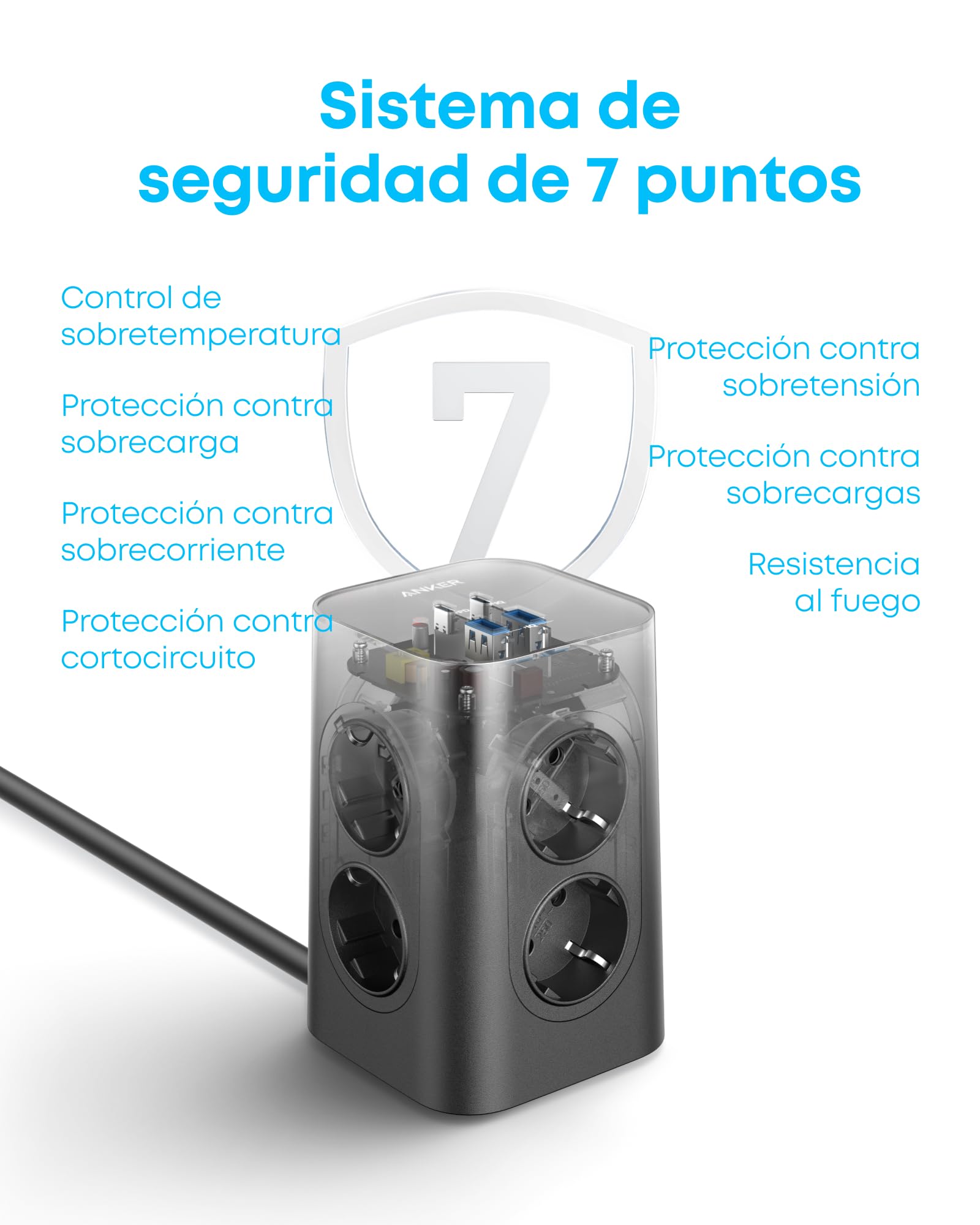 Anker Regleta de enchufes 12 en 1 con Protector contra subidas | 13 A, 2990 W, USB C 20W, 8 tomas CA, 4 puertos USB, cable de 2 m