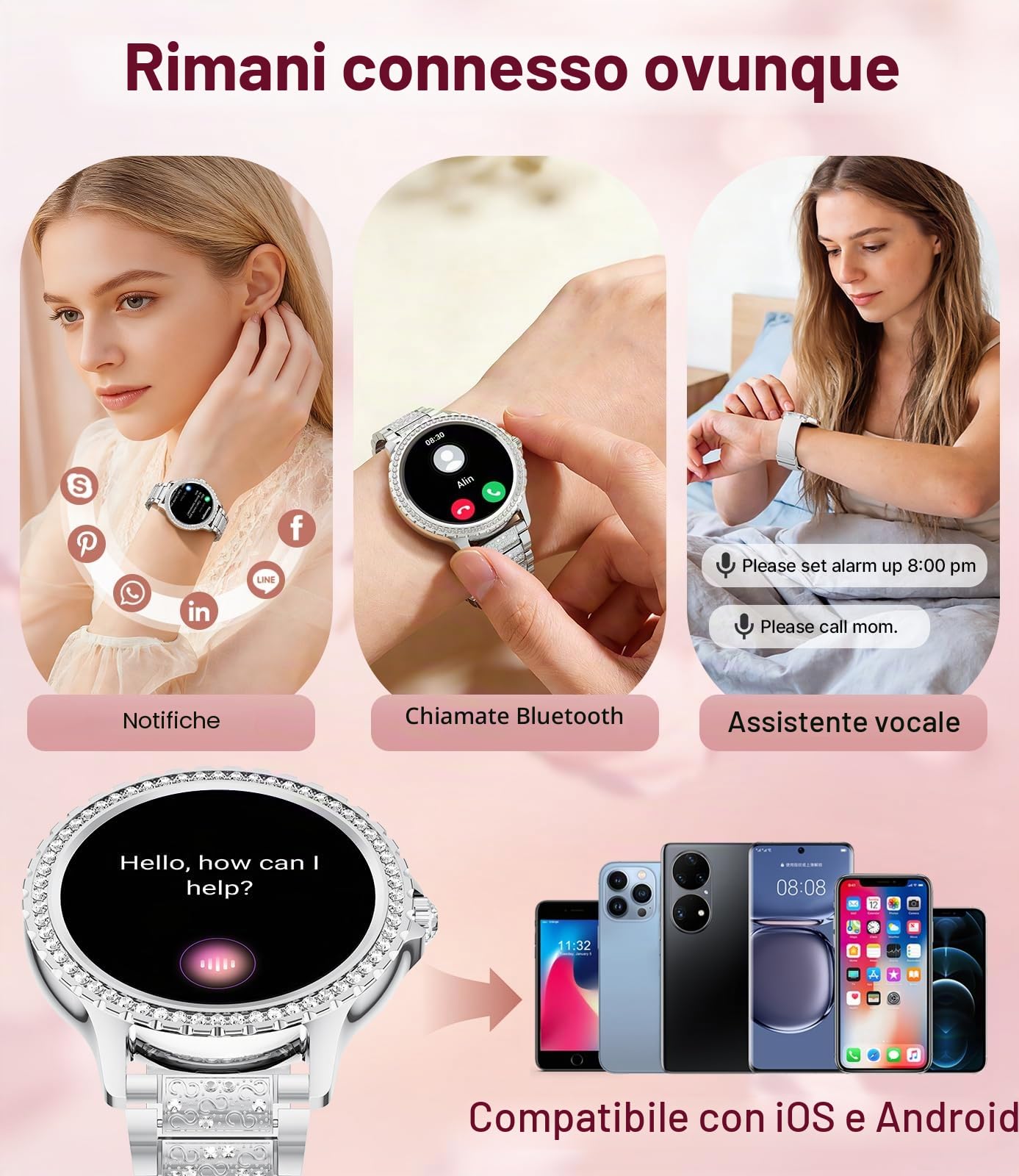 LIGE Smartwatch da donna Bluetooth chiamate per Android iOS 1,32" HD Full Touch Screen da donna Smart Watch Diamante argento acciaio inox frequenza cardiaca, monitor sonno, contapassi, calorie, 100+