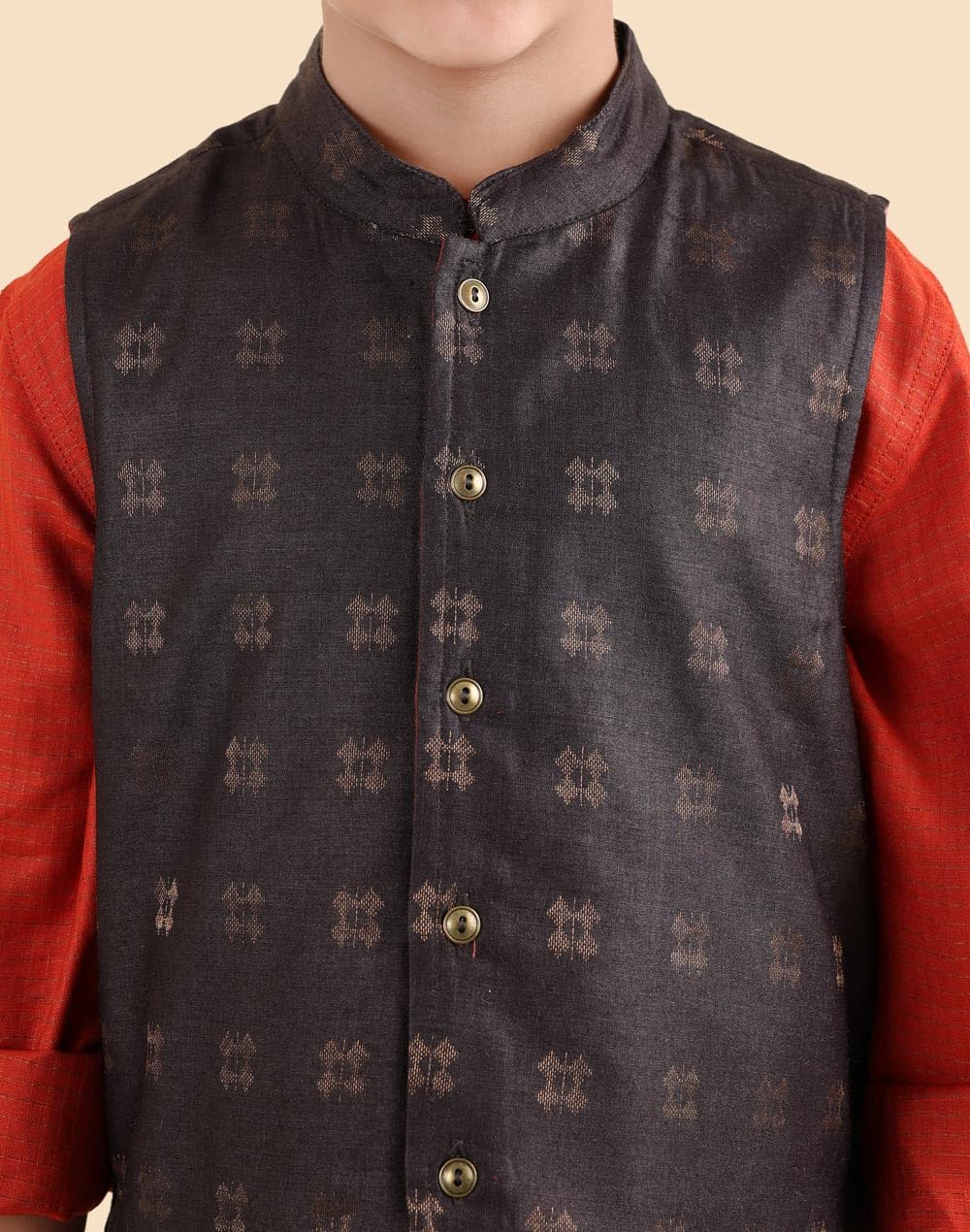 Fabindia Boys Charcoal Woven Design Silk Blend Nehru Jacket 4