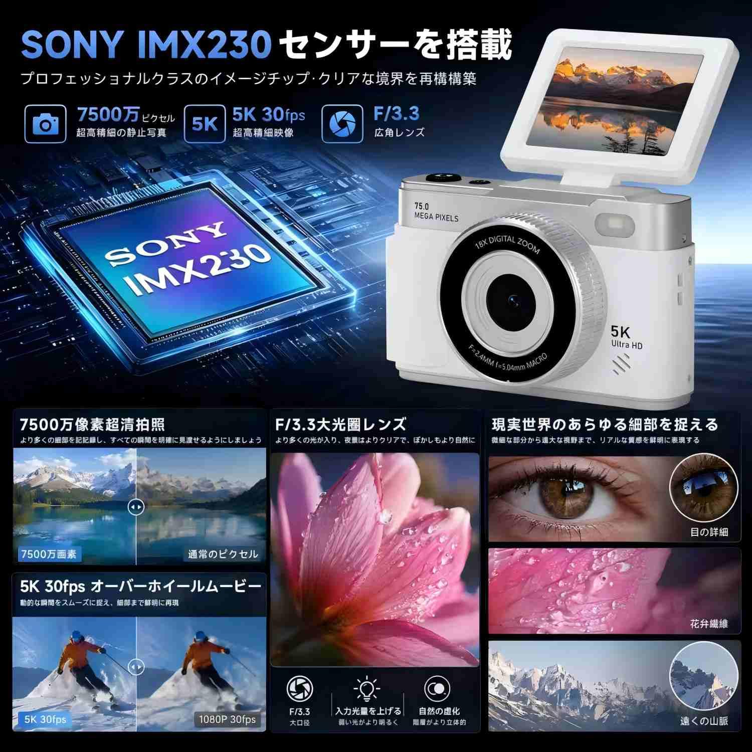 Amazon | CLCRHBK デジタルカメラ 5K 7500万画素 スマホに転送 OTG対応