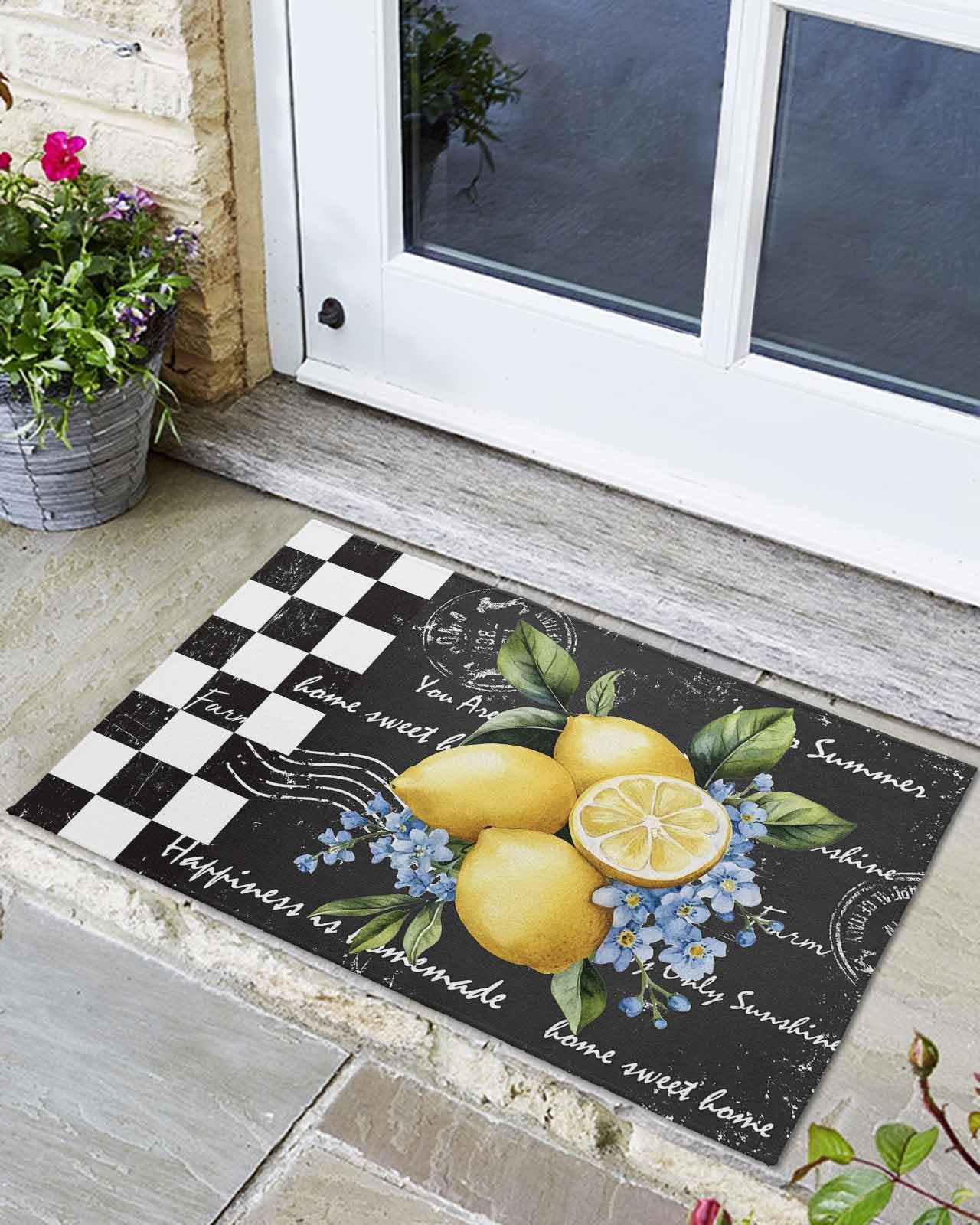 Welcome Doormat Lemon Summer Farm Wildflower Non-Slip Front Door Mat Absorbent Bath Mats Retro Black White Check Kitchen