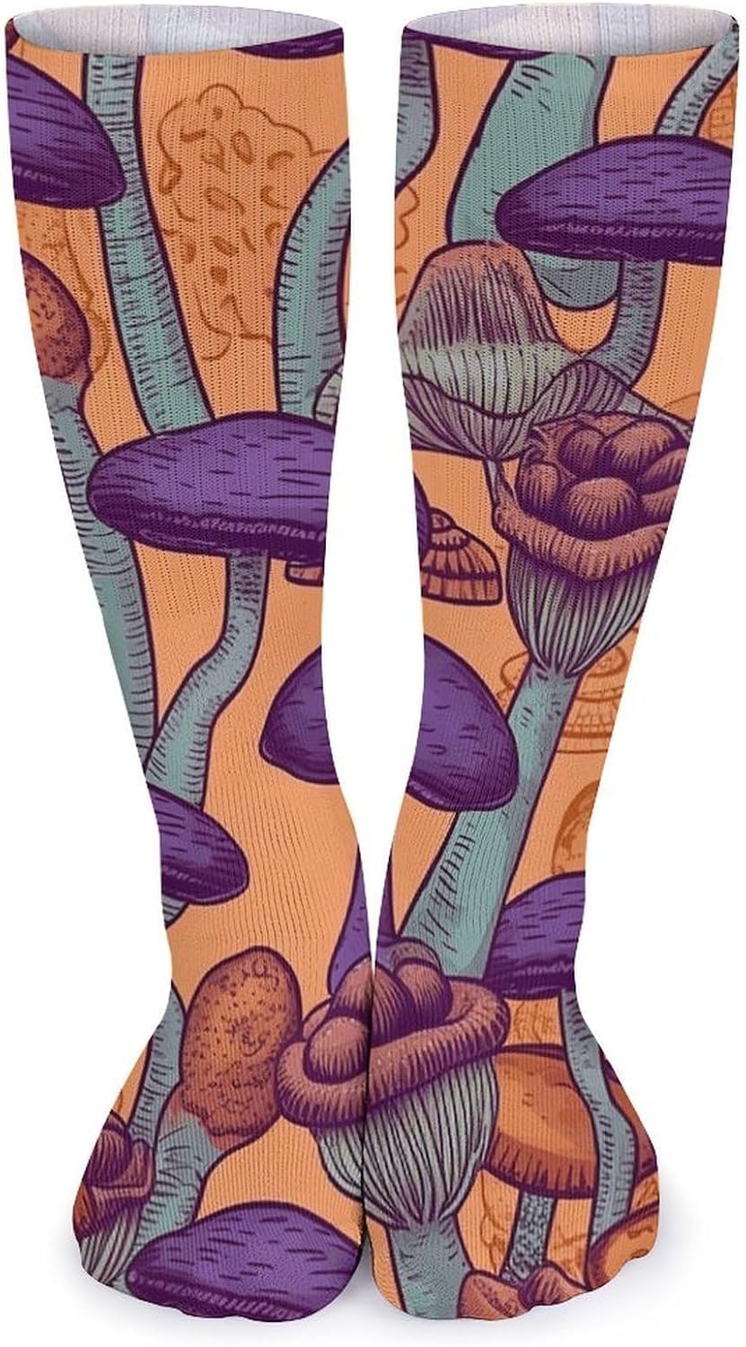 Breathable Crew Sock, Moisture Wicking, Athletic Calf Socks, Cozy | Hippie Art Mushrooms Compression Socks for Women Men, Lightweight High Work Socks for Business, Casual