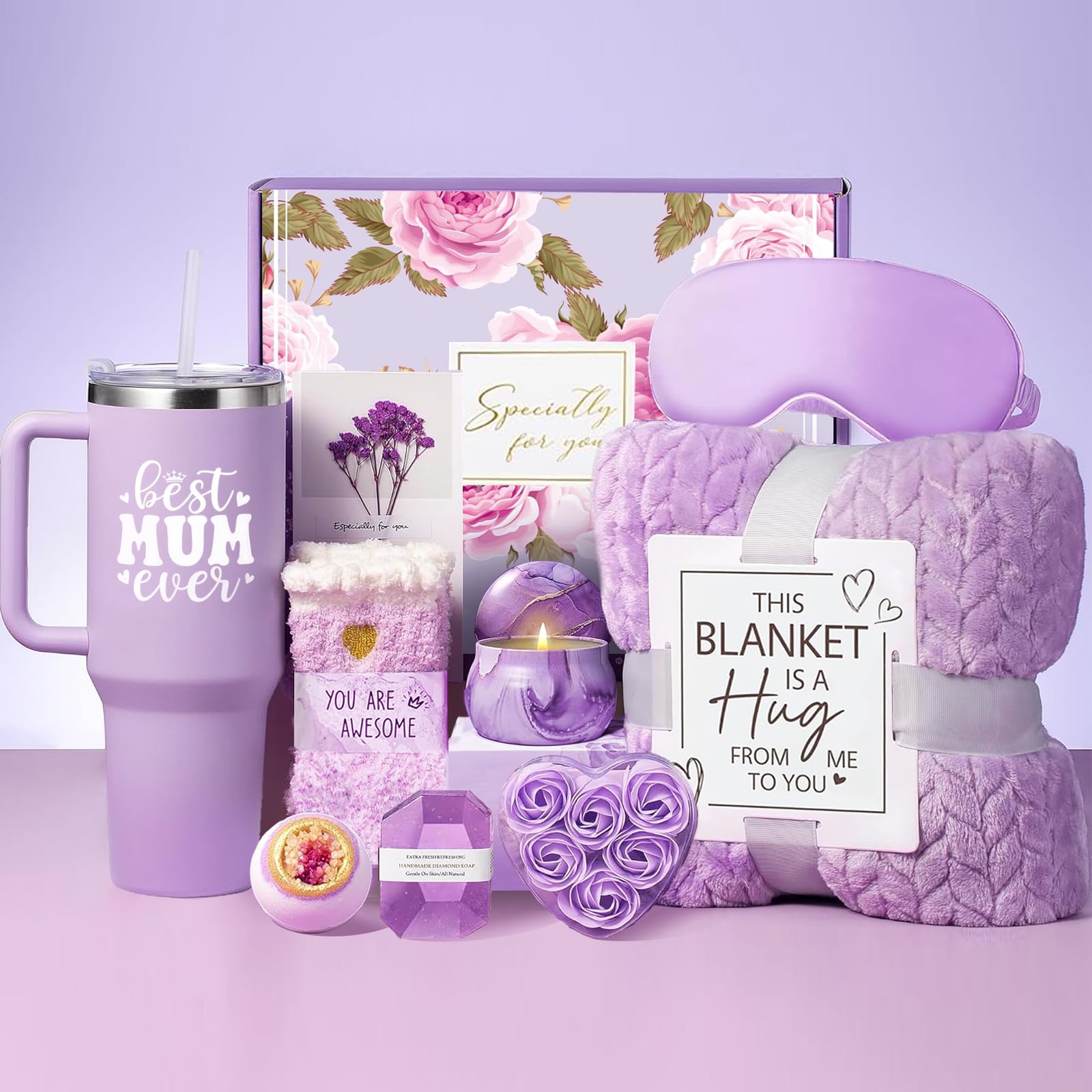 Asseourc Gifts for Mum, Mum Birthday Gifts Lavender Relaxing Spa Gifts Basket, Best Mummy Gifts from Daughter Son, Mummy Presents from Birthday Christmas Mothers Day