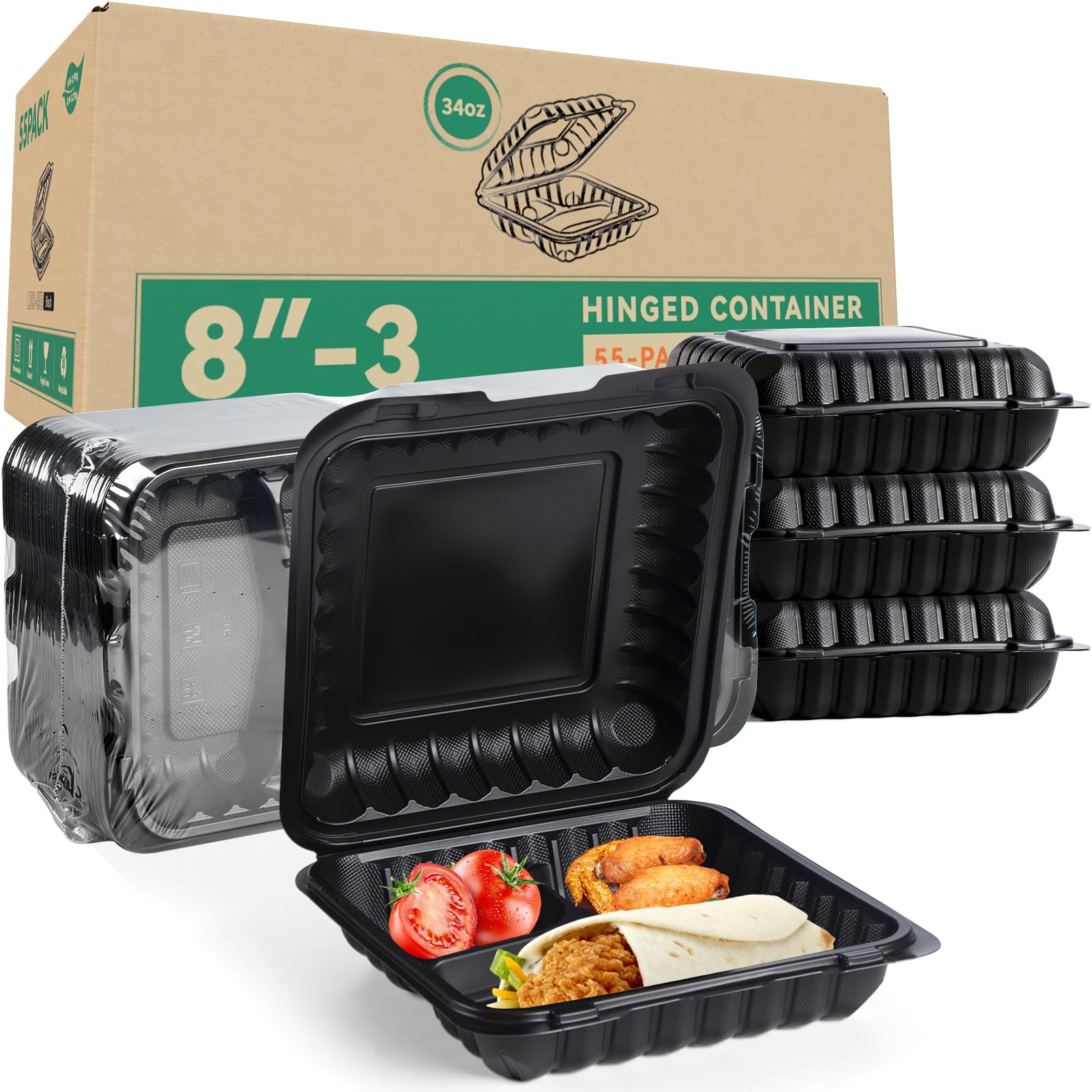Food Containers Mineral Filled PP Plastic - 55 Pack 34oz 8 Inch | Shrink Wrap BPA Free Lunch Boxes | Freezer & Microwave Safe for Meal Prep | Black 3 Compartment Disposable Takeout Container