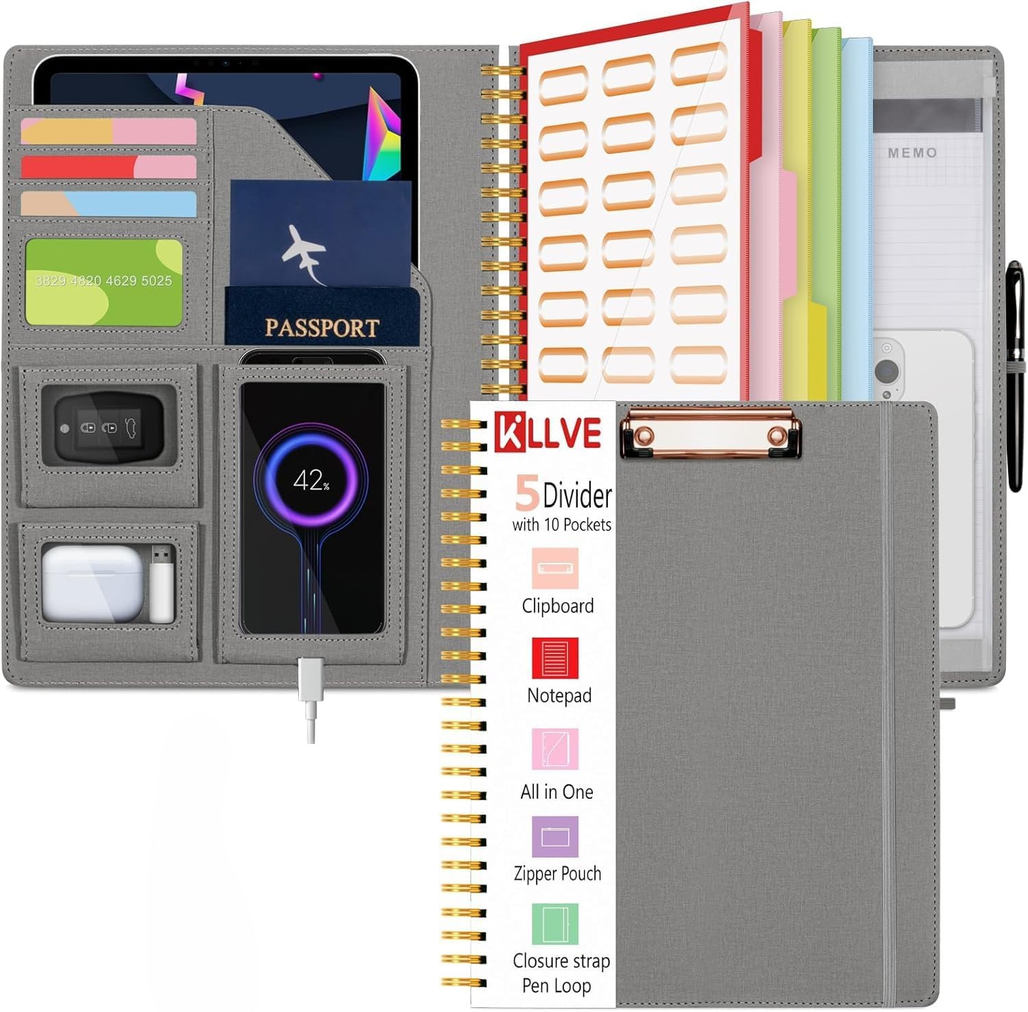 Foldable Spiral Clipboard Folio with Storage Zipper Pouch, 5 Plastic Folders with Pockets,Refillable Lined Notepad (8.5" x 11"), Hardcover Project Organizer with 36 Stickers，Weeds